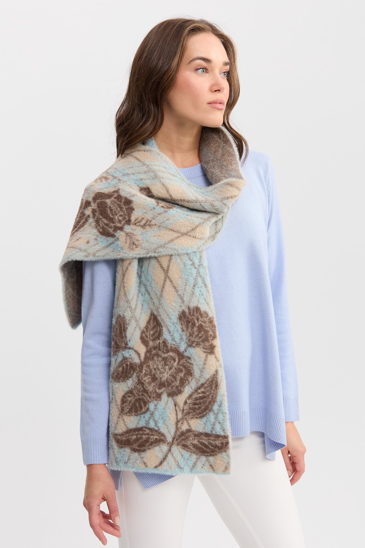 22188Kadın Uçları Çiçekli Baklava Desenli Kaşkol Mint