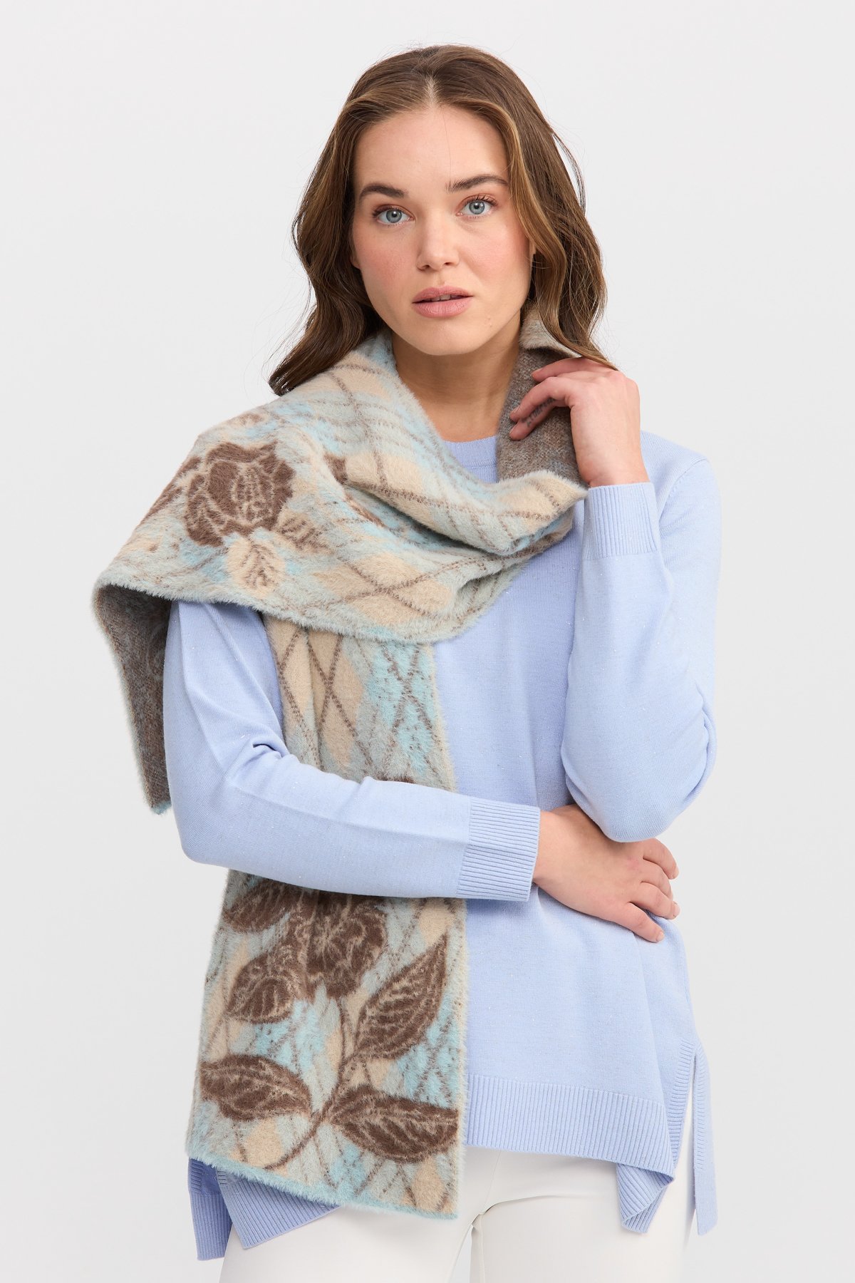 22188Kadın Uçları Çiçekli Baklava Desenli Kaşkol Mint