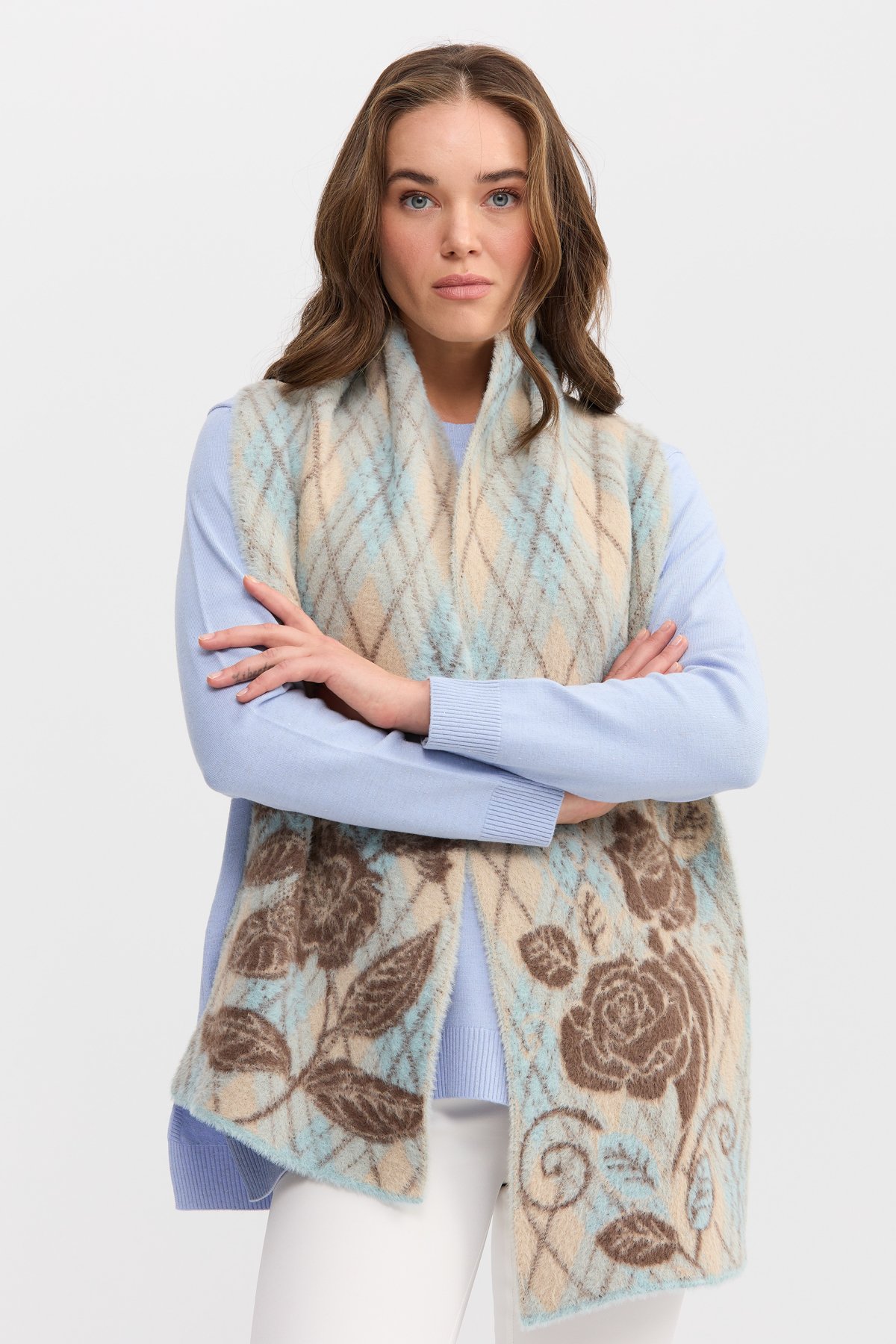 22188Kadın Uçları Çiçekli Baklava Desenli Kaşkol Mint