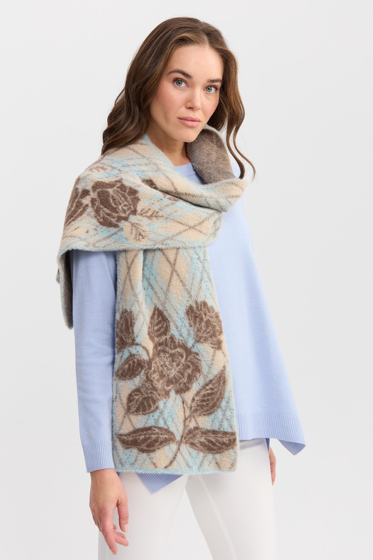 22188Kadın Uçları Çiçekli Baklava Desenli Kaşkol Mint