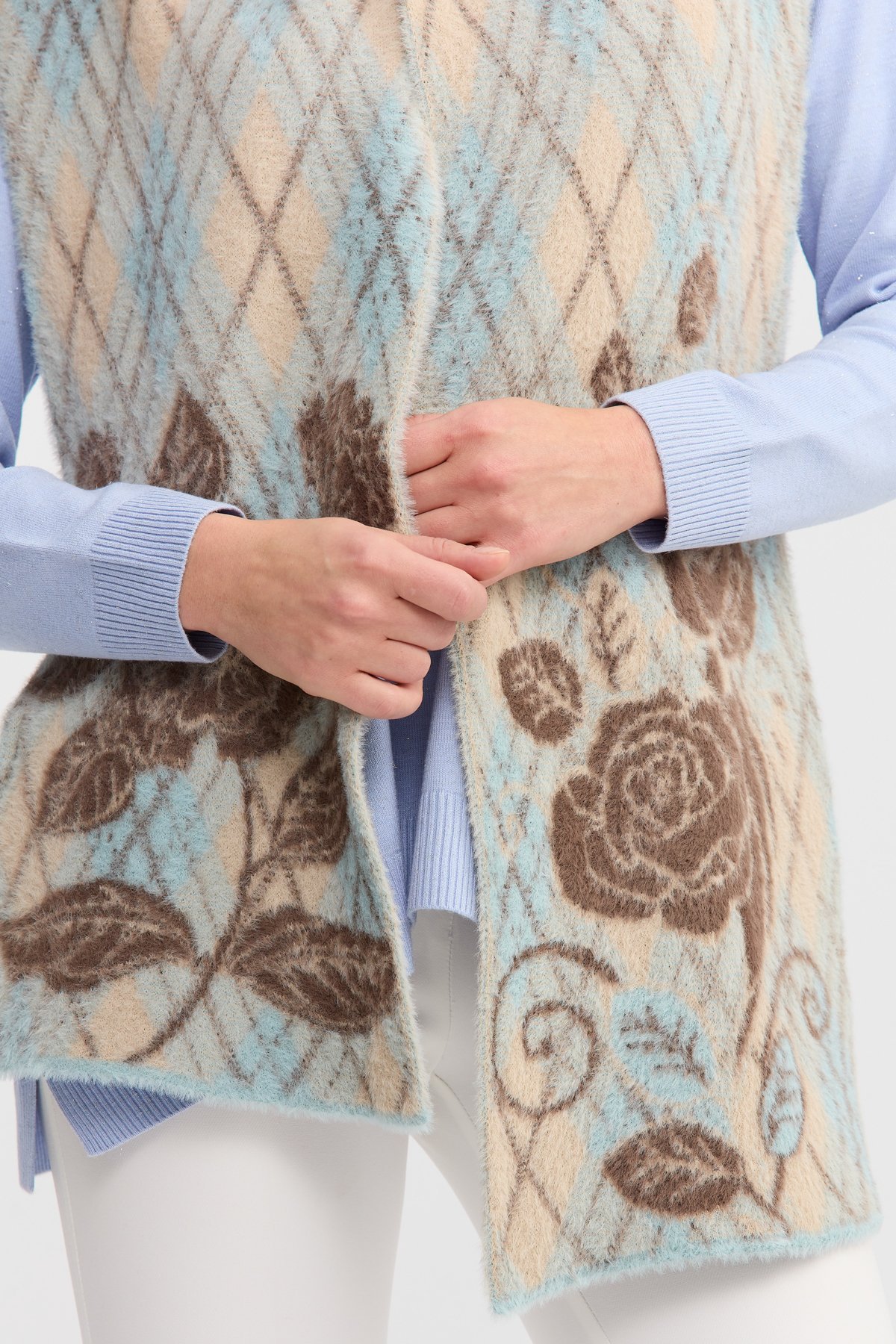 22188Kadın Uçları Çiçekli Baklava Desenli Kaşkol Mint