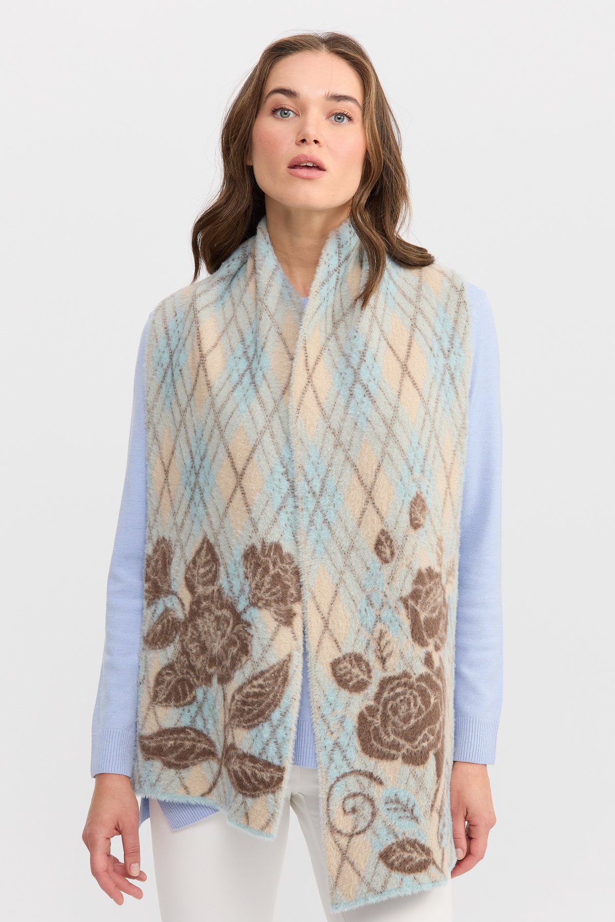 22188Kadın Uçları Çiçekli Baklava Desenli Kaşkol Mint