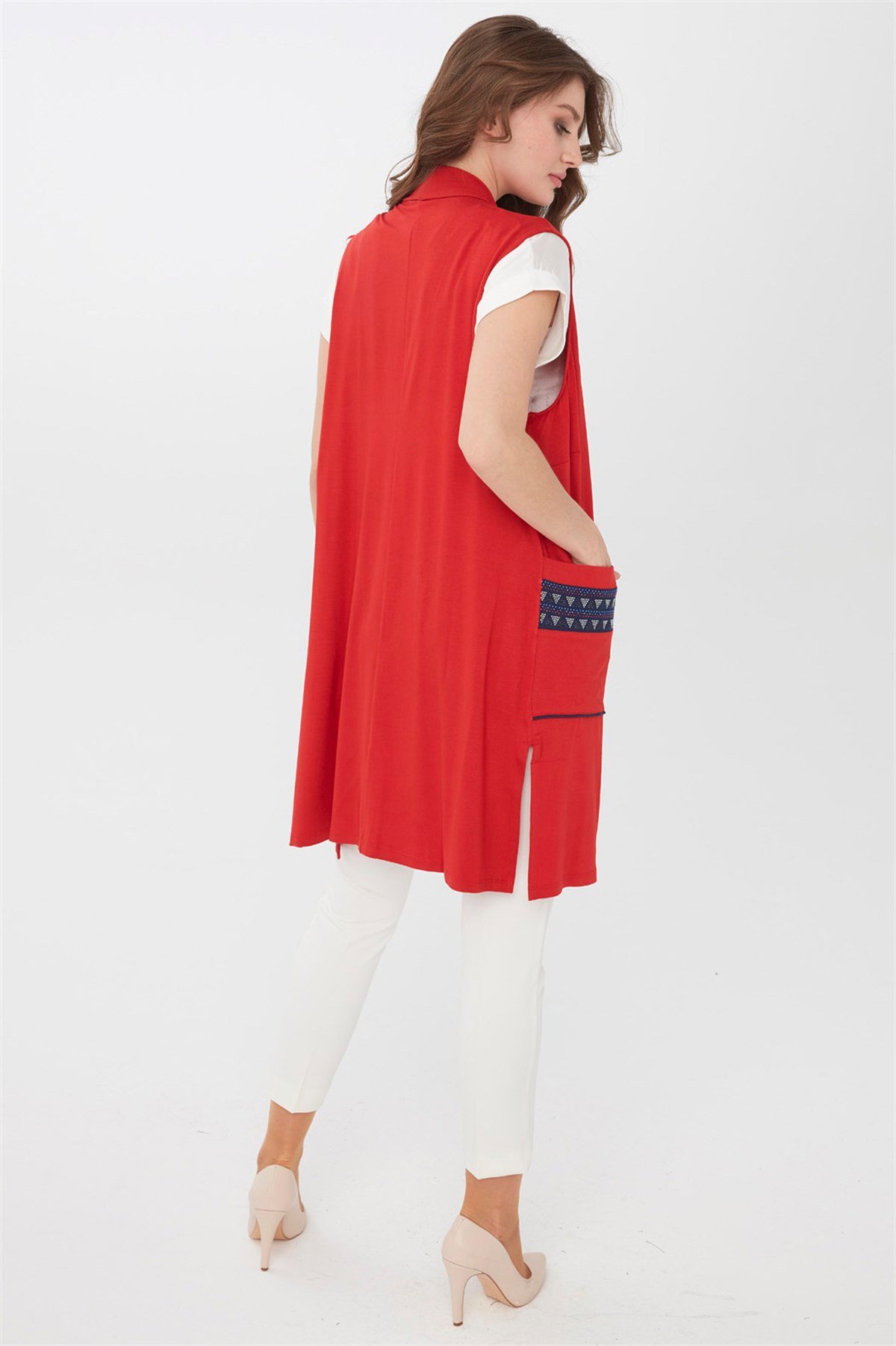 22700Kadın Uzun Penye Yelek Mercan
