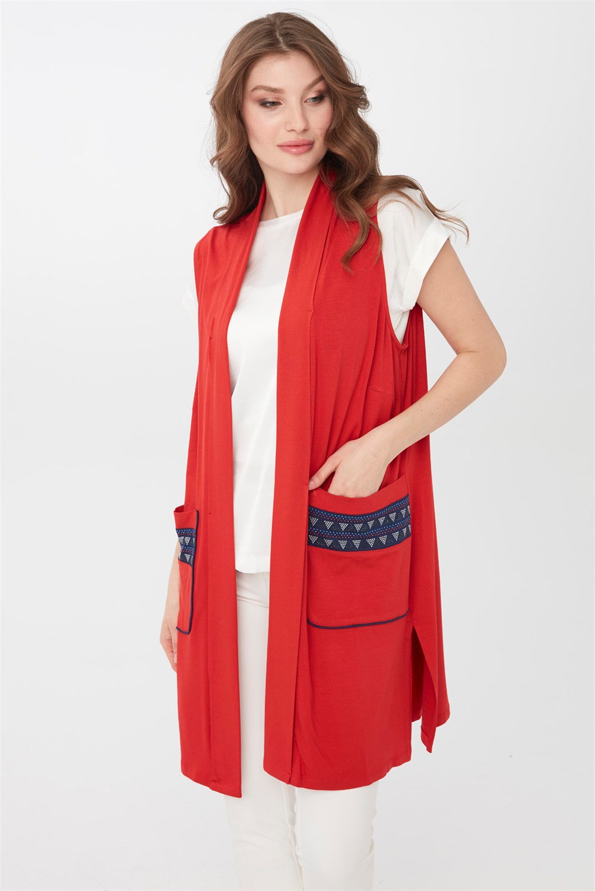 22700Kadın Uzun Penye Yelek Mercan