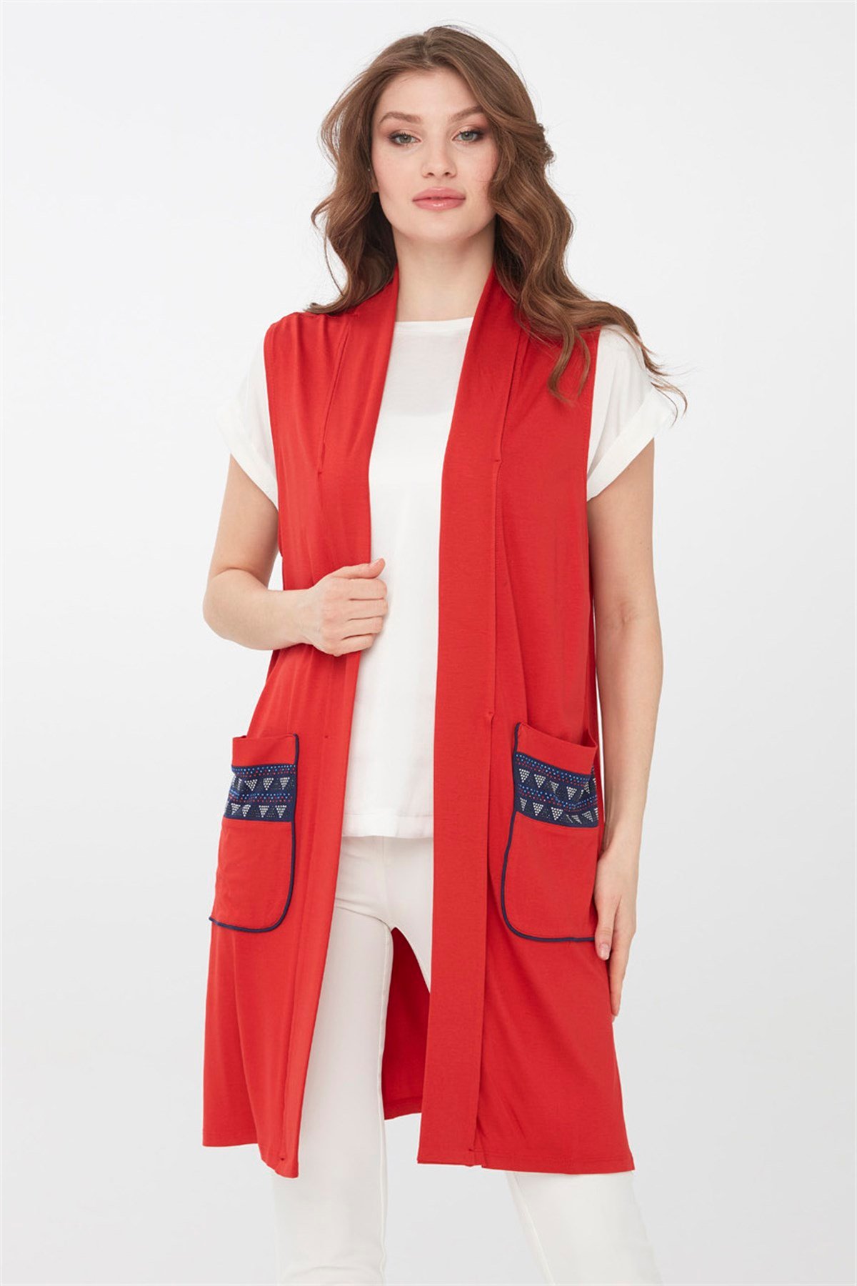 22700Kadın Uzun Penye Yelek Mercan