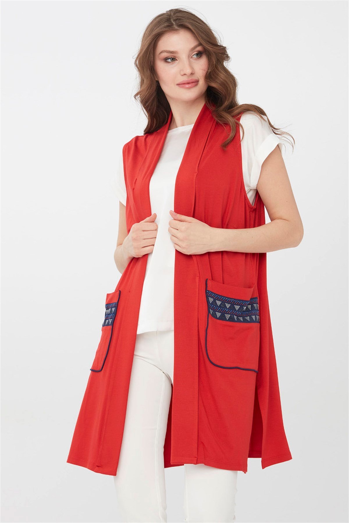22700Kadın Uzun Penye Yelek Mercan
