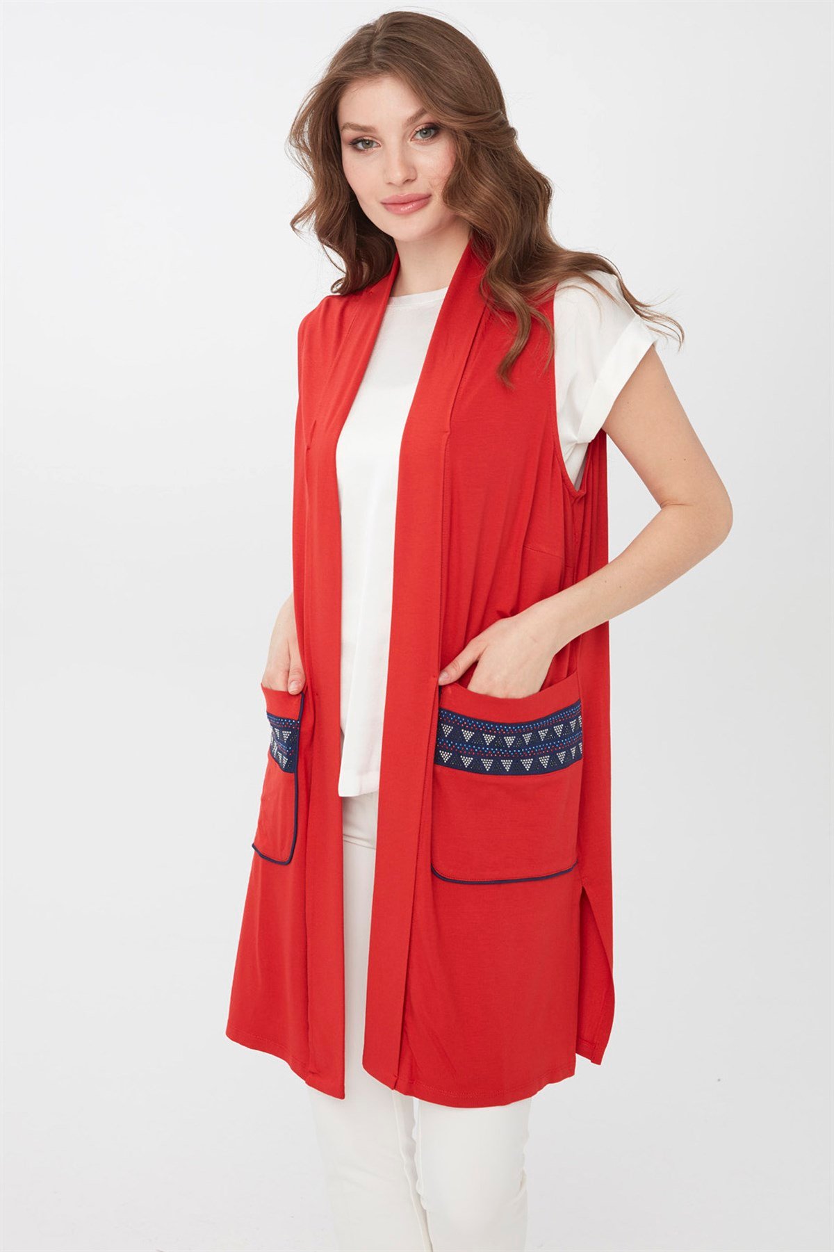 22700Kadın Uzun Penye Yelek Mercan