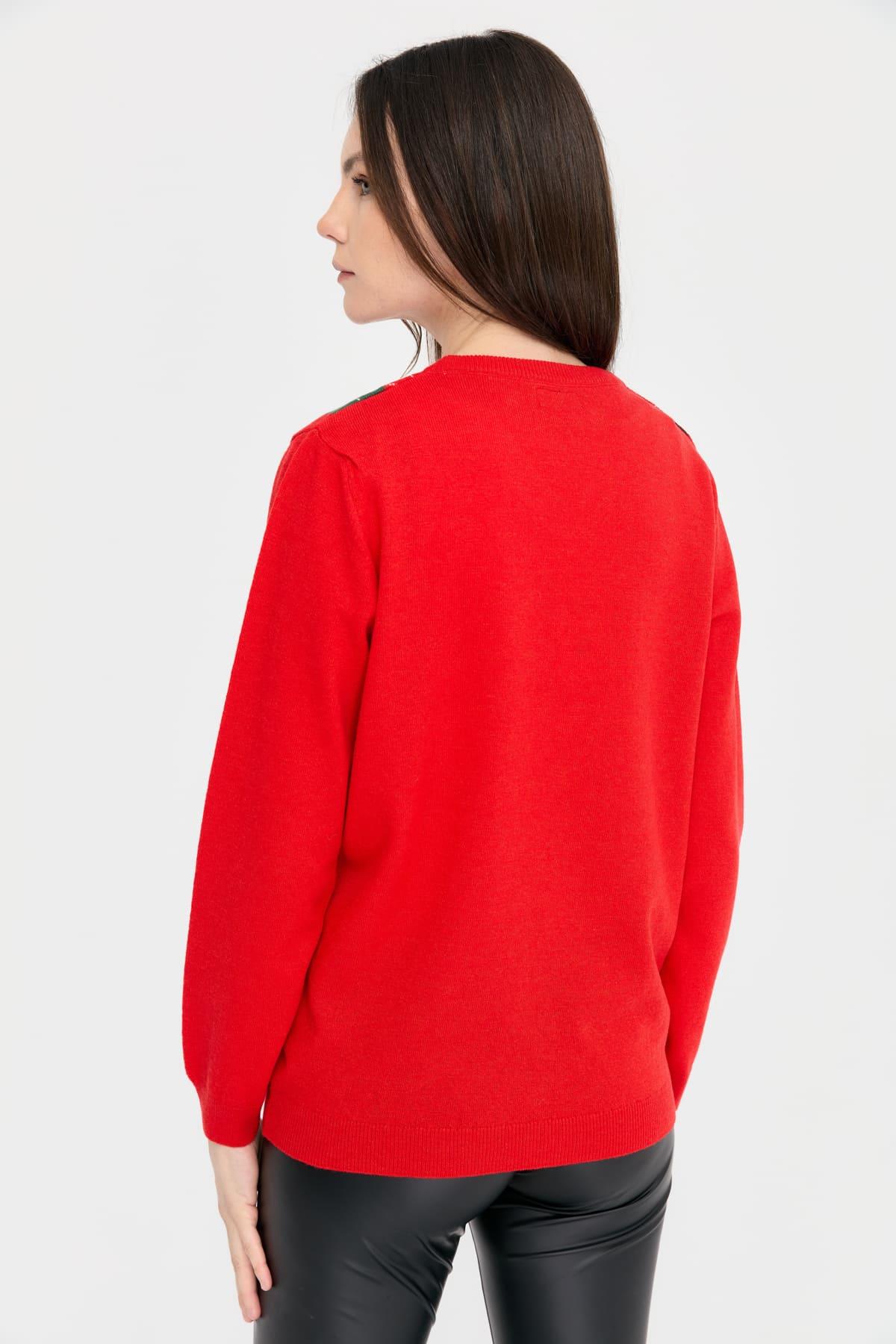 24034Kadın V Yaka Baklavalı Yün Kazak Mercan