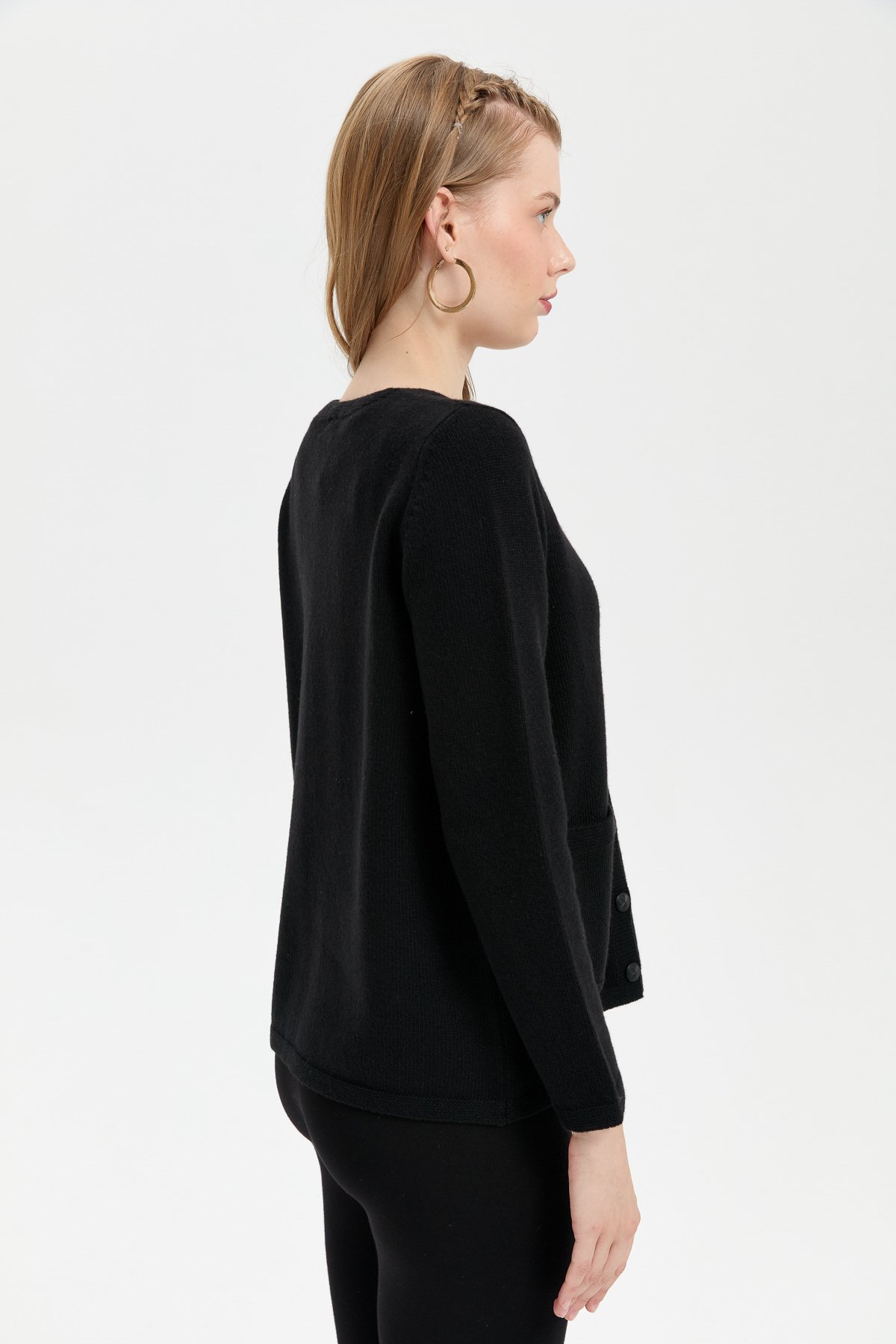 24043Kadın V Yaka Basic Yün Hırka Siyah