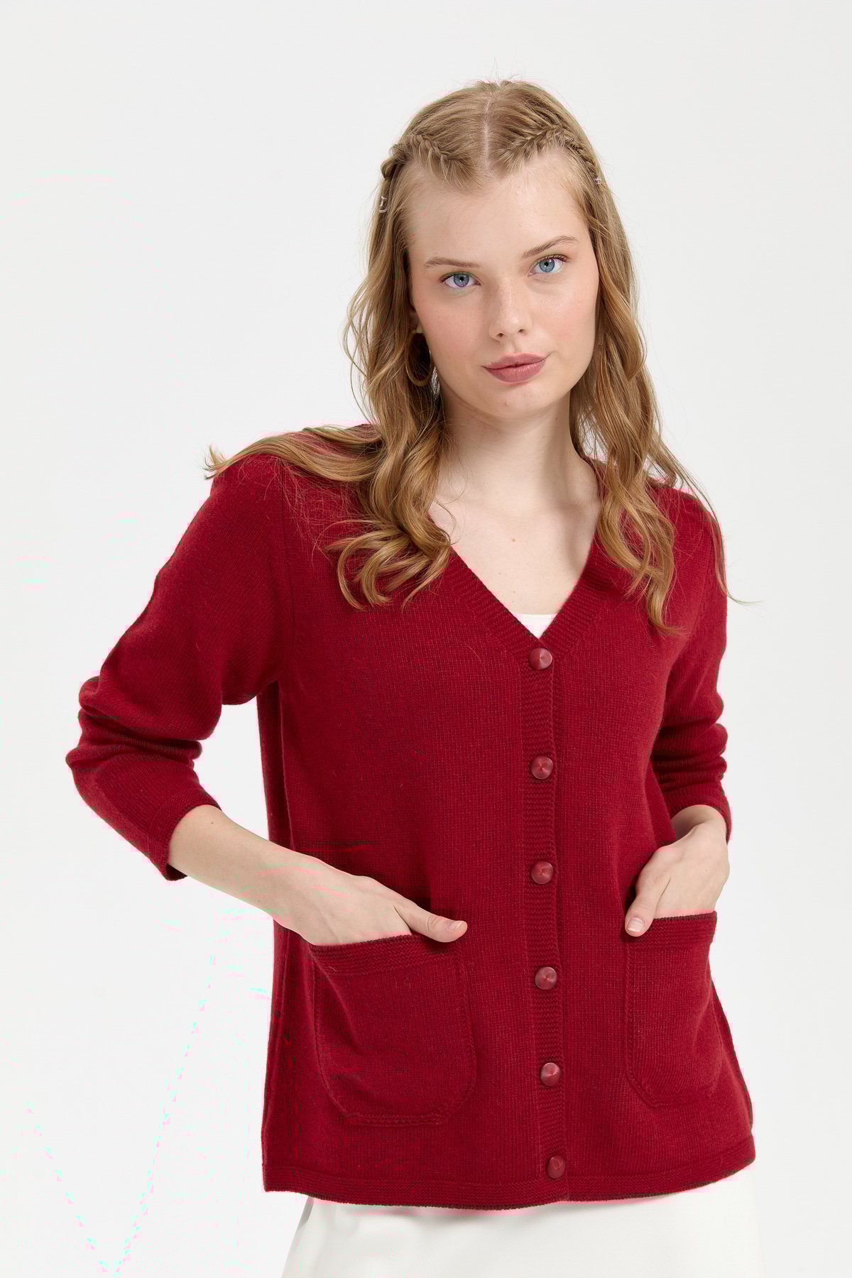 24043Kadın V Yaka Basic Yün Hırka V.Kırmızı