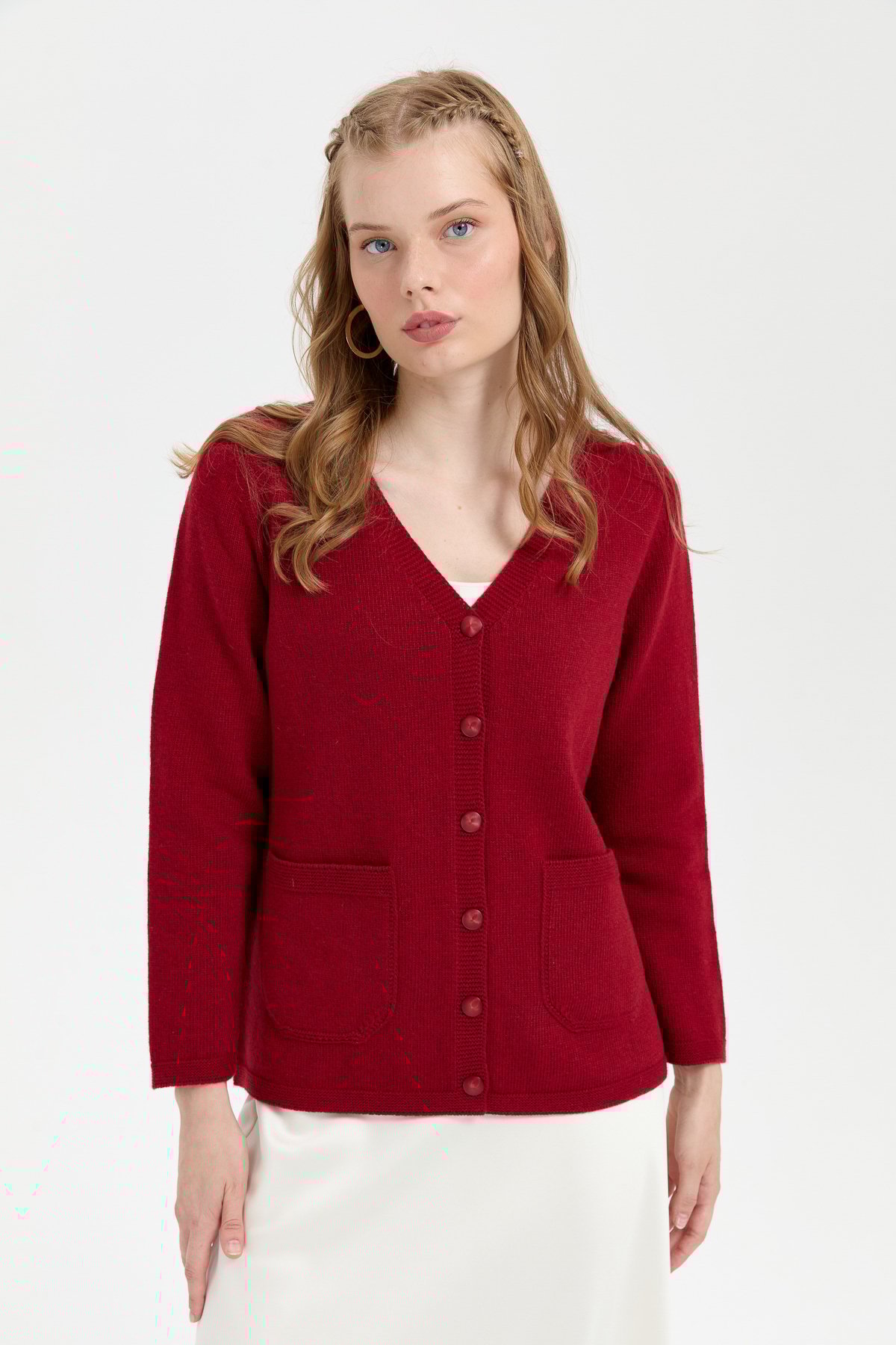 24043Kadın V Yaka Basic Yün Hırka V.Kırmızı