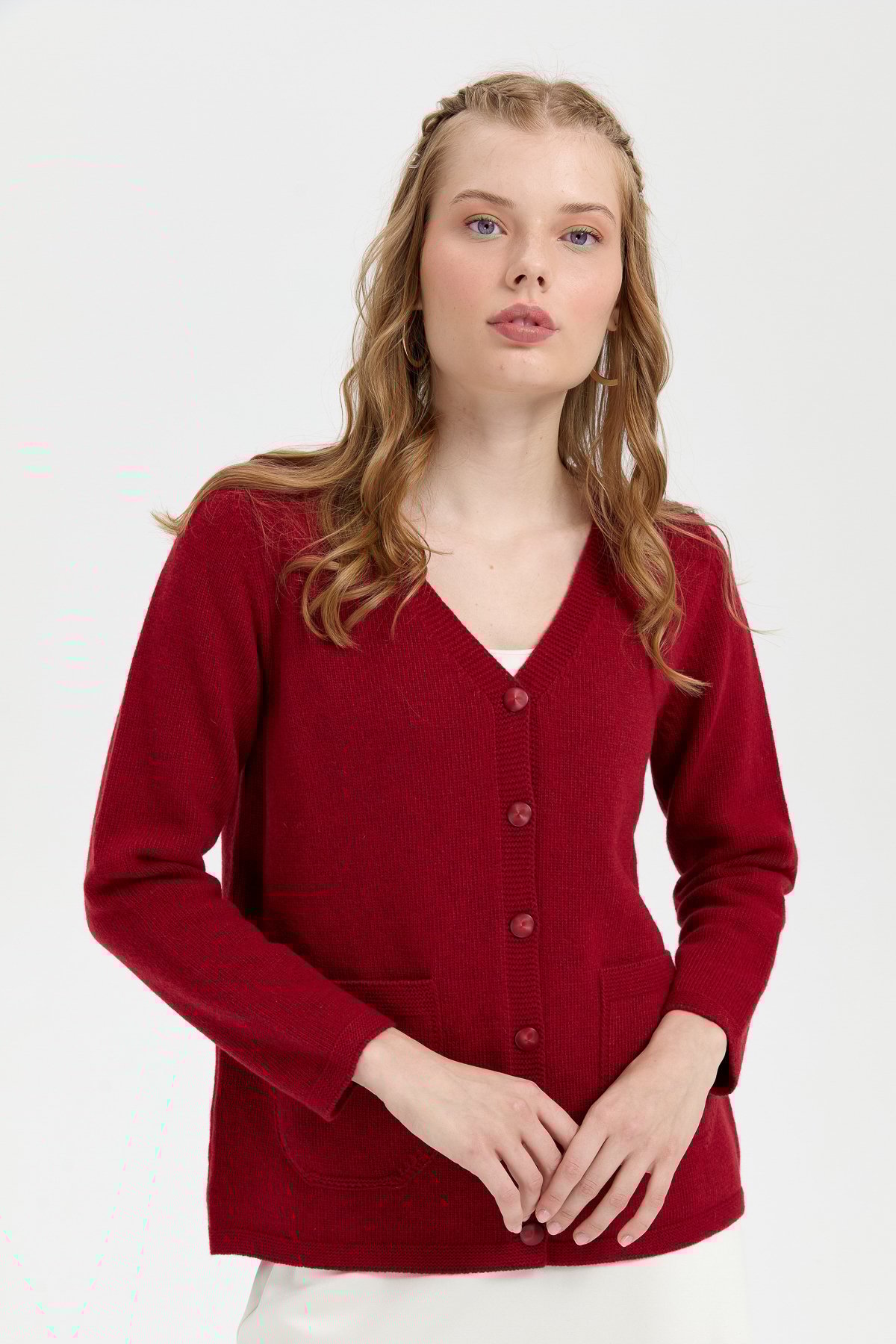 24043Kadın V Yaka Basic Yün Hırka V.Kırmızı