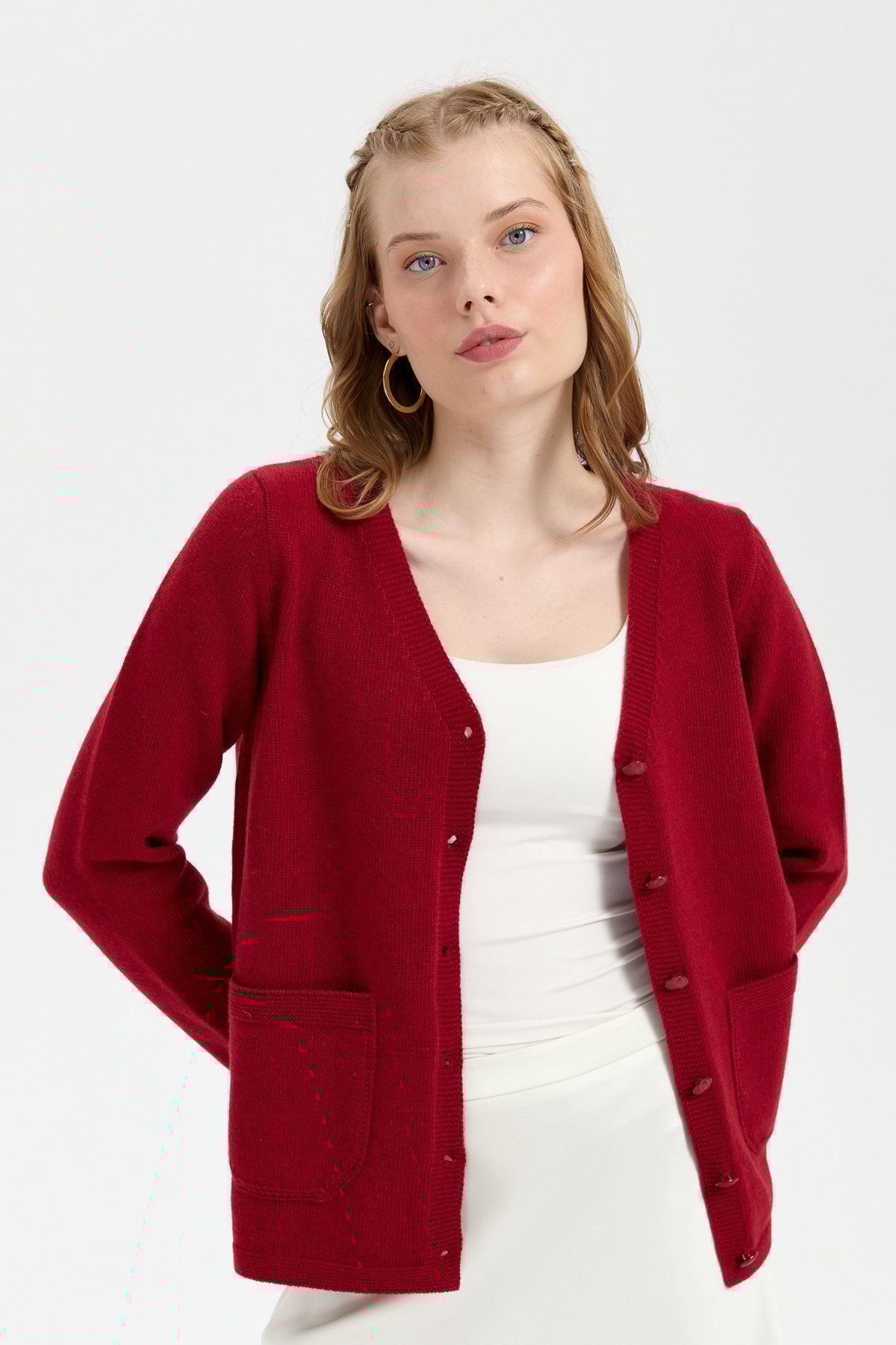 24043Kadın V Yaka Basic Yün Hırka V.Kırmızı