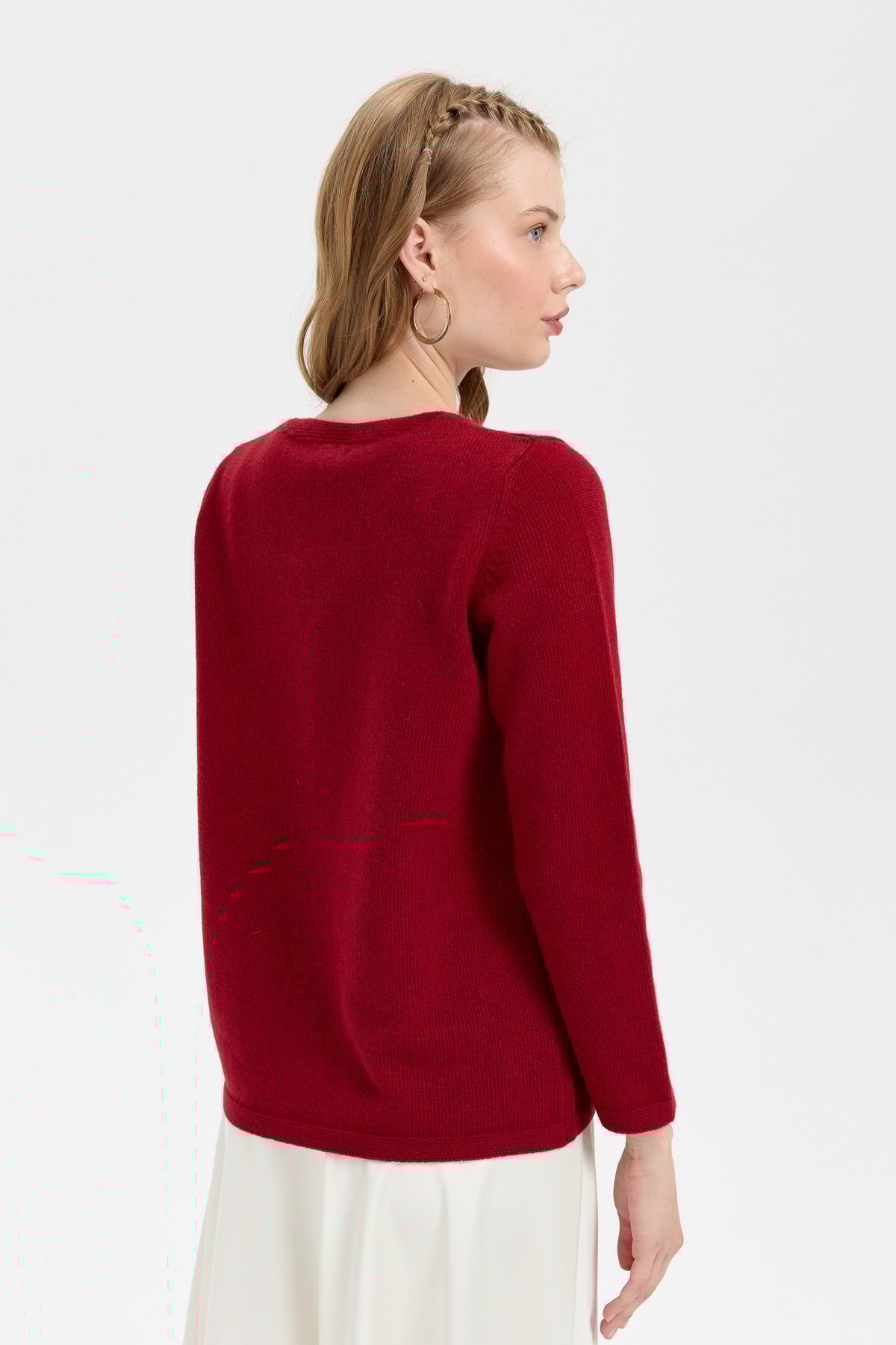 24043Kadın V Yaka Basic Yün Hırka V.Kırmızı