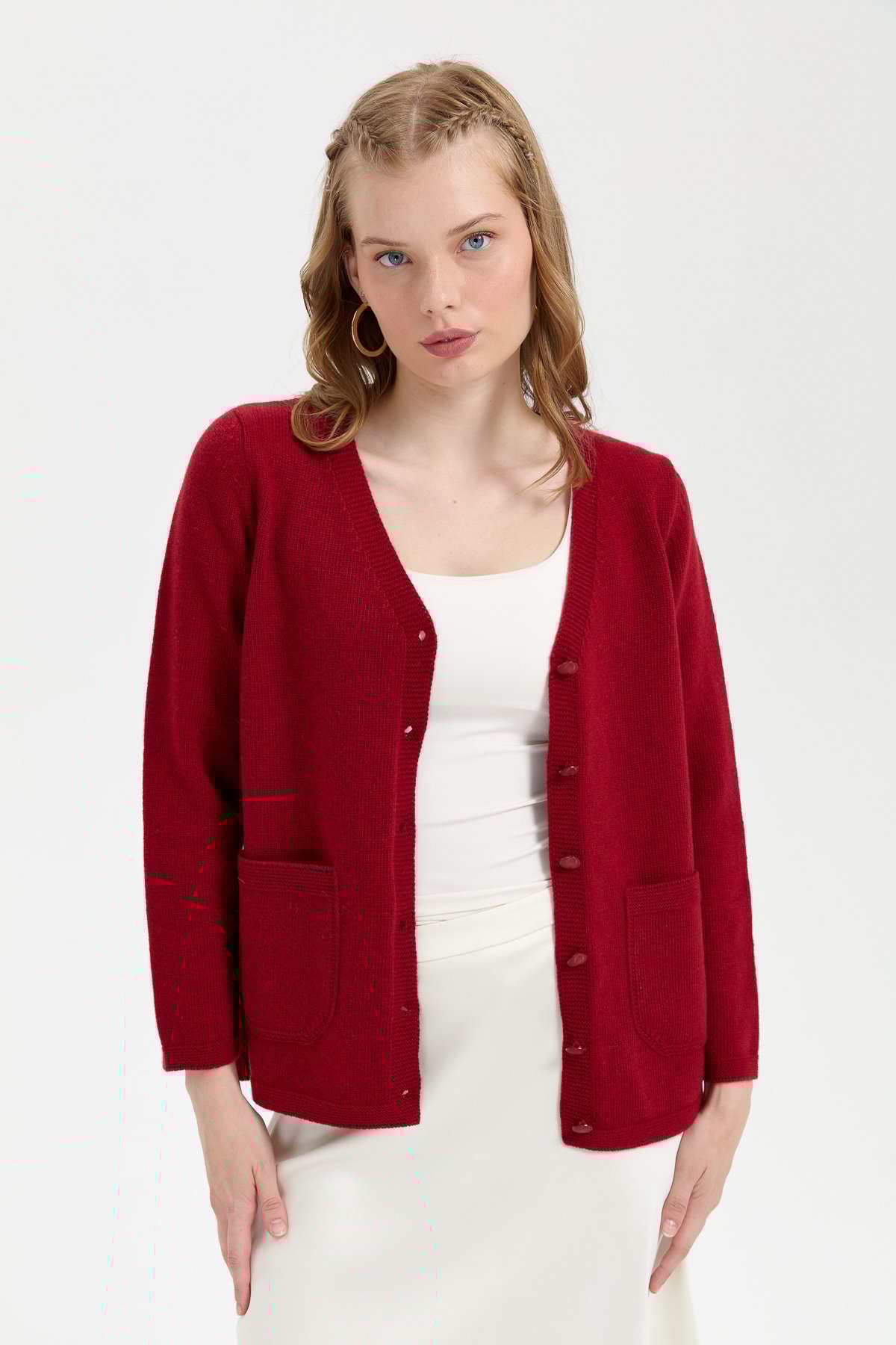 24043Kadın V Yaka Basic Yün Hırka V.Kırmızı