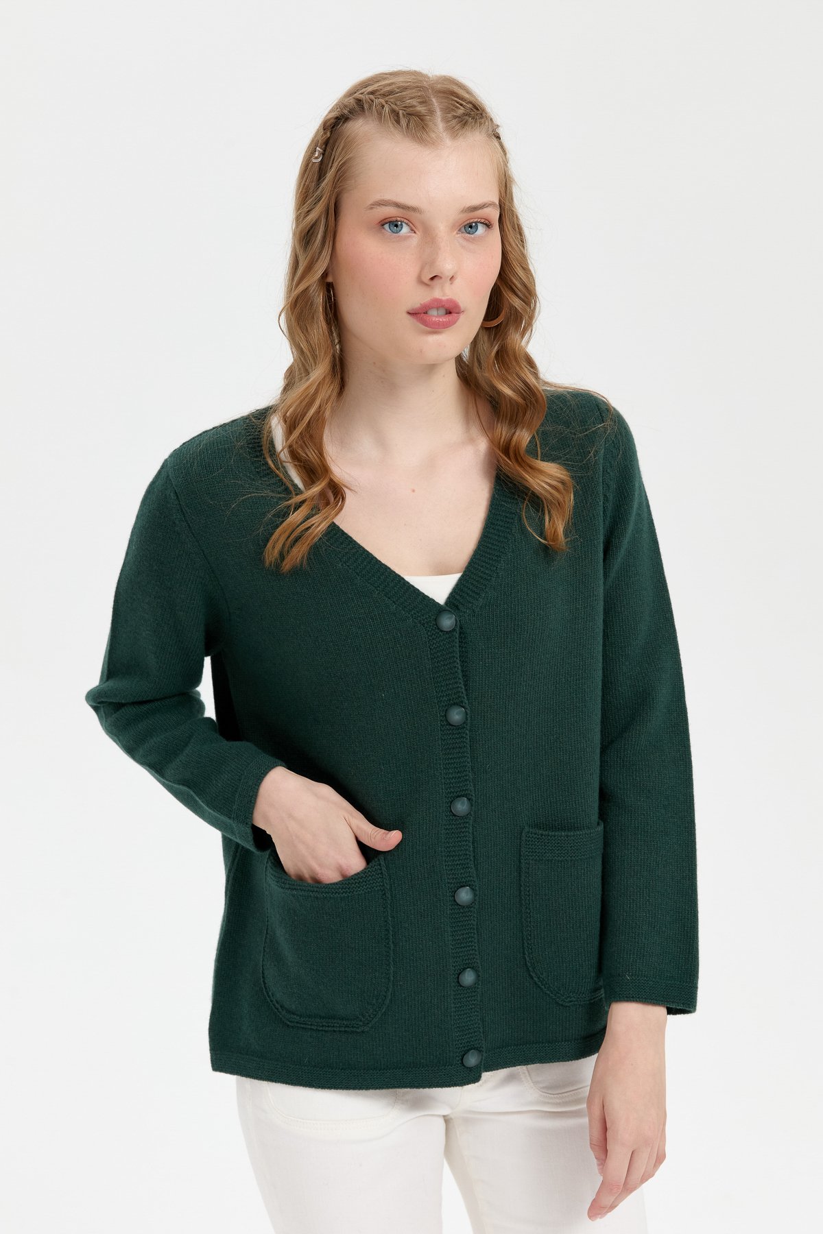 24043Kadın V Yaka Basic Yün Hırka Yeşil