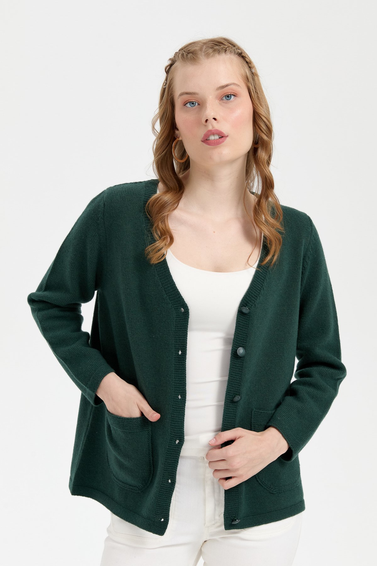 24043Kadın V Yaka Basic Yün Hırka Yeşil