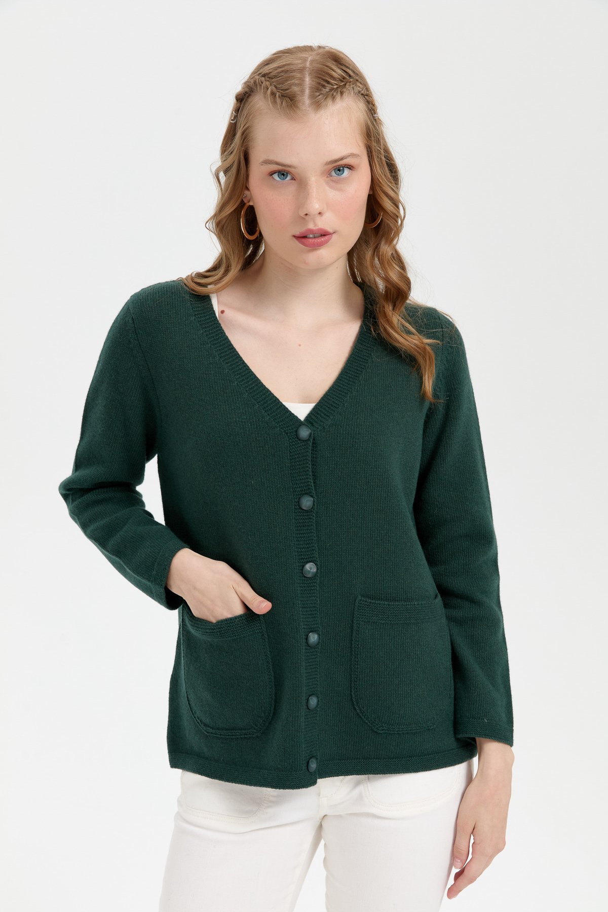 24043Kadın V Yaka Basic Yün Hırka Yeşil