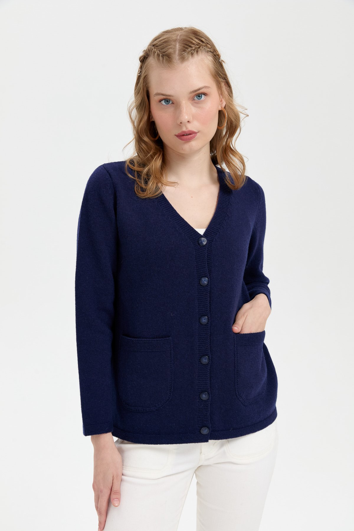 24043Kadın V Yaka Basic Yün Hırka Y.A Lacivert