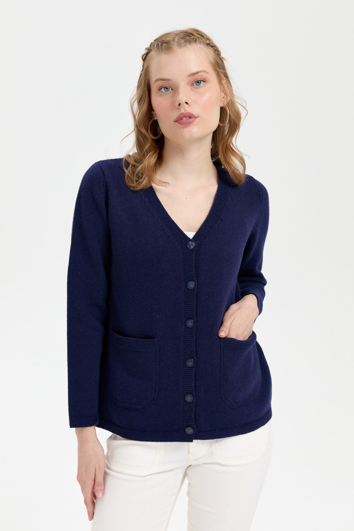 24043Kadın V Yaka Basic Yün Hırka Y.A Lacivert