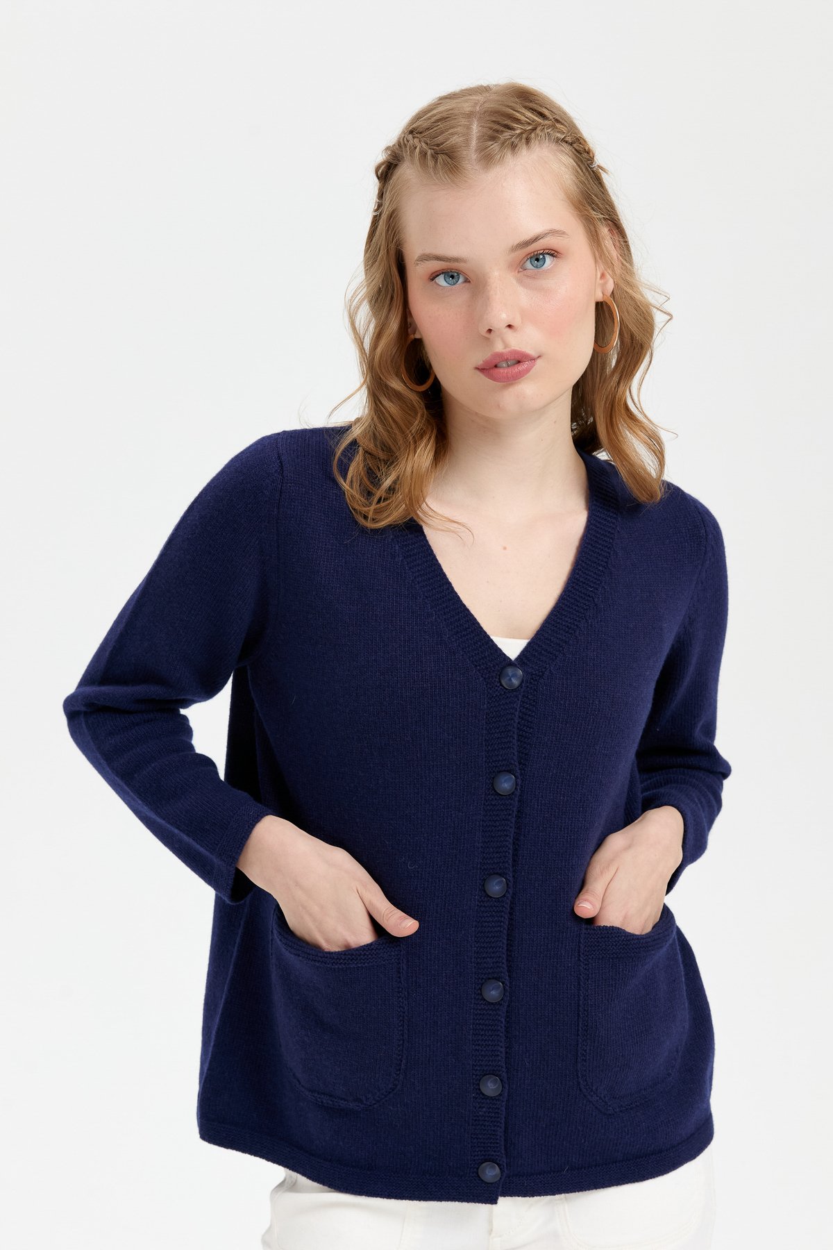 24043Kadın V Yaka Basic Yün Hırka Y.A Lacivert