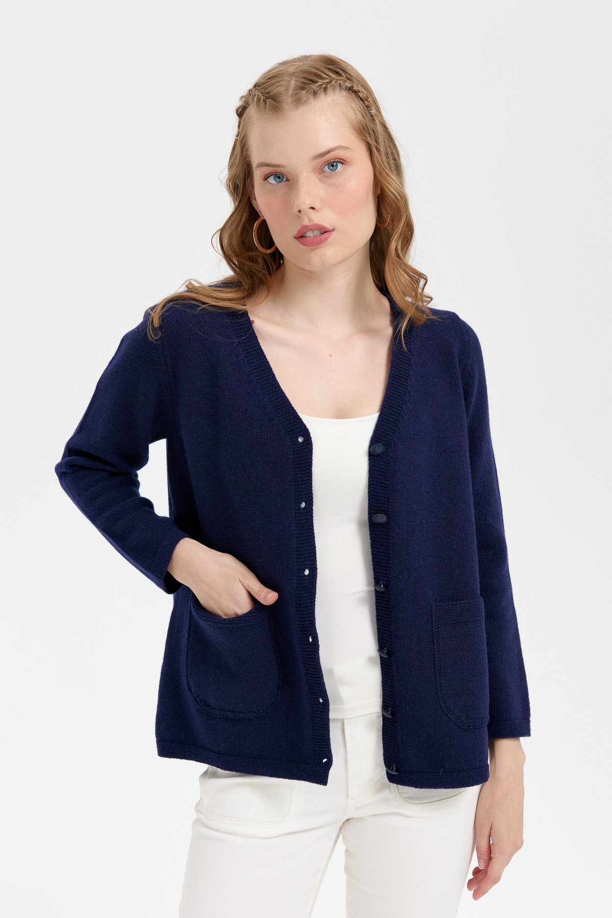 24043Kadın V Yaka Basic Yün Hırka Y.A Lacivert