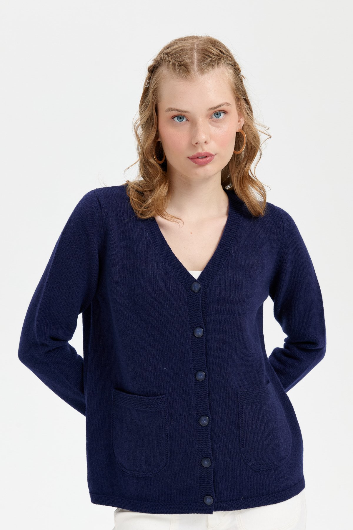 24043Kadın V Yaka Basic Yün Hırka Y.A Lacivert