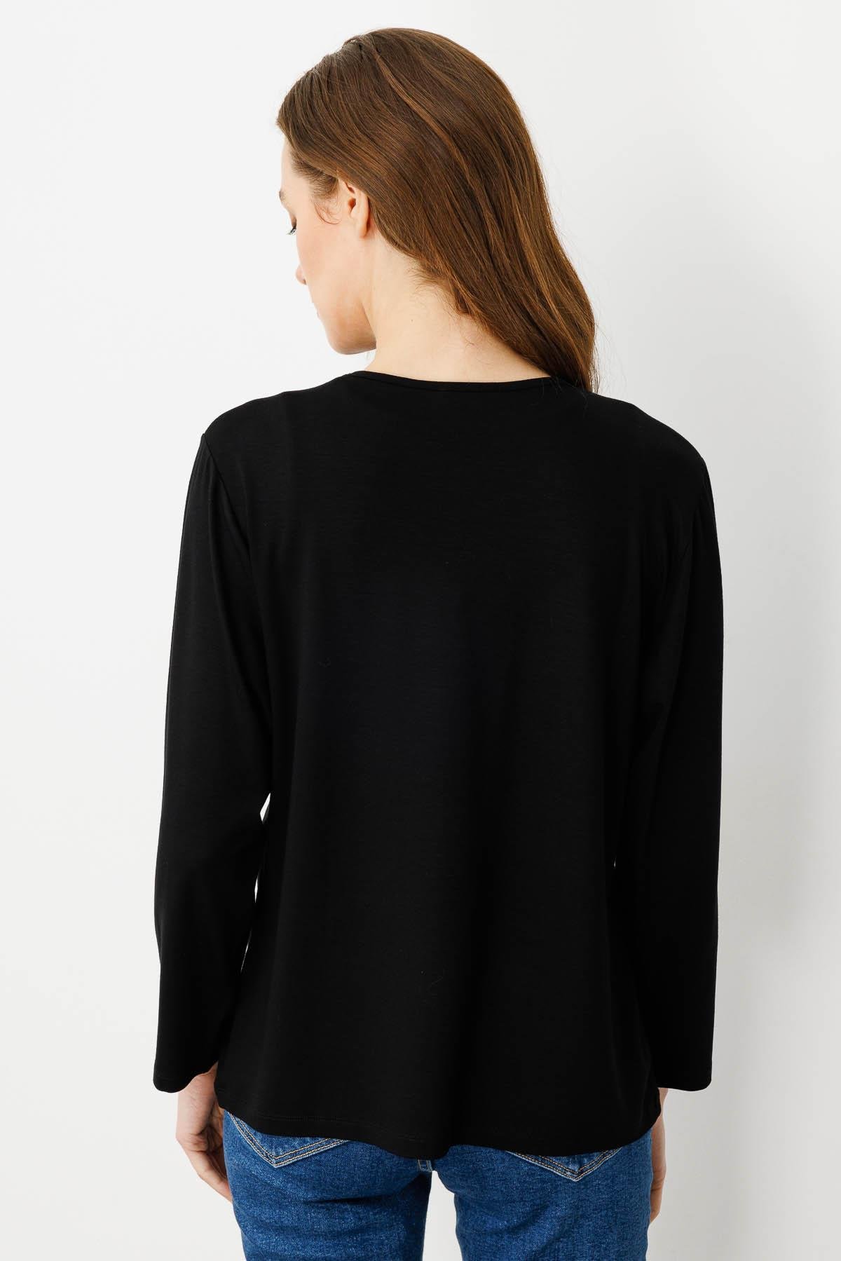 25706Kadın V Yaka Boncuk İşlemeli Penye Bluz Siyah