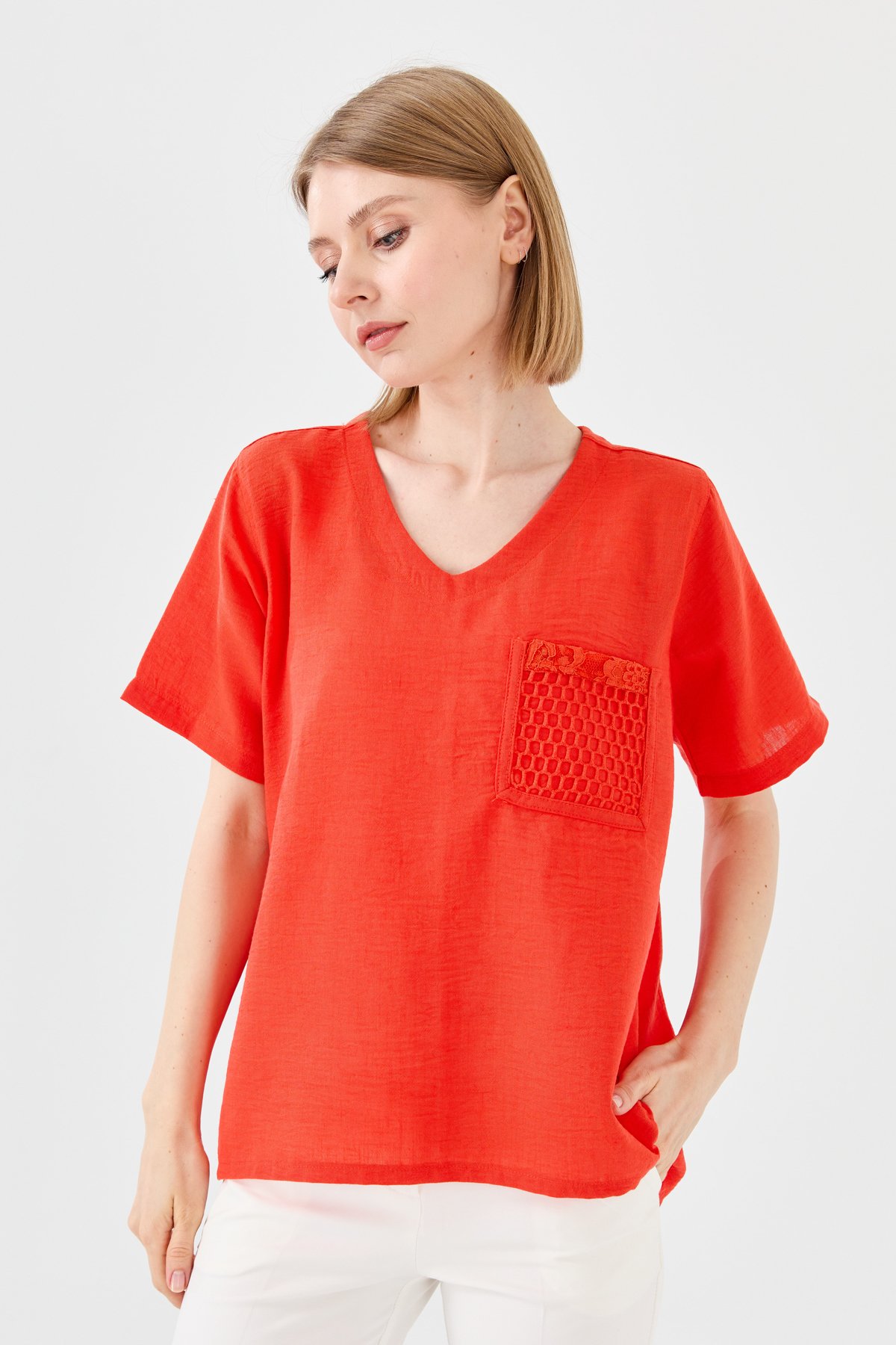 23775Kadın V Yaka Cebi File Keten T-shirt Oranj
