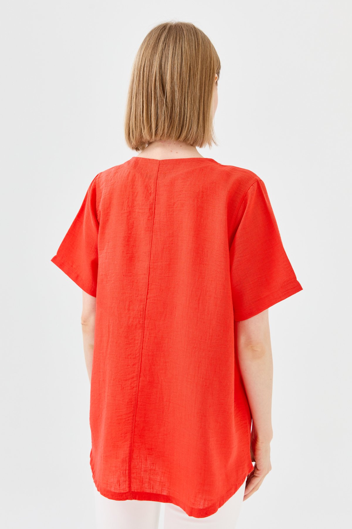 23775Kadın V Yaka Cebi File Keten T-shirt Oranj