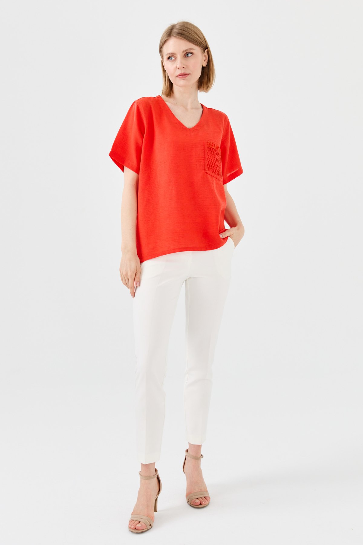 23775Kadın V Yaka Cebi File Keten T-shirt Oranj