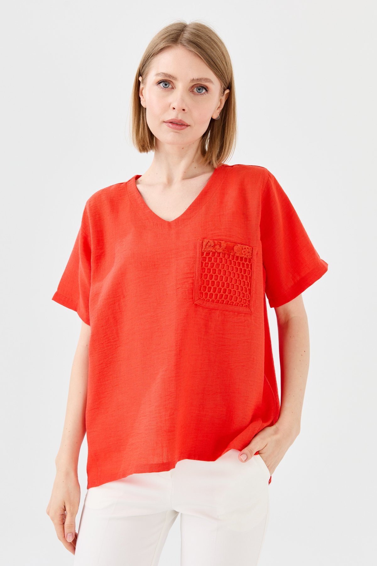 23775Kadın V Yaka Cebi File Keten T-shirt Oranj