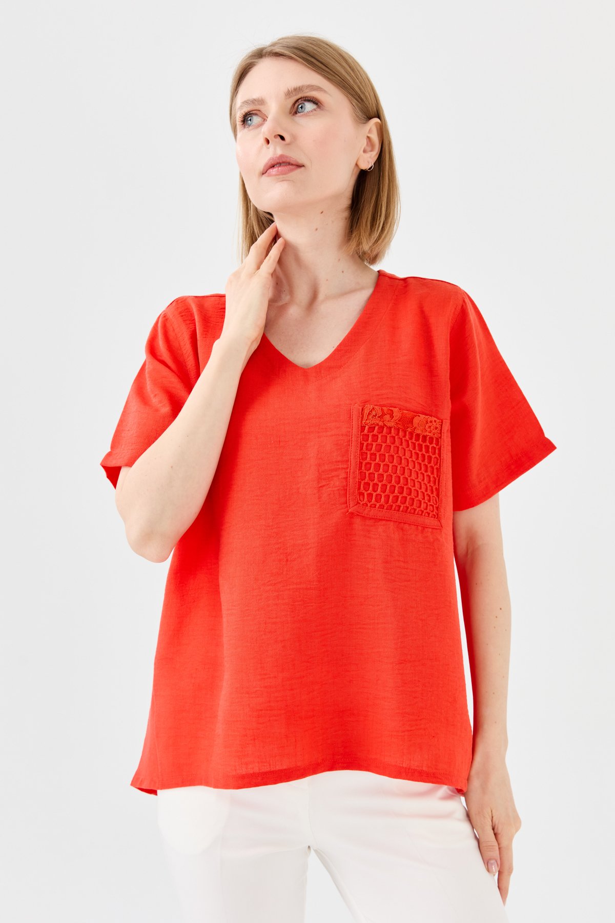 23775Kadın V Yaka Cebi File Keten T-shirt Oranj