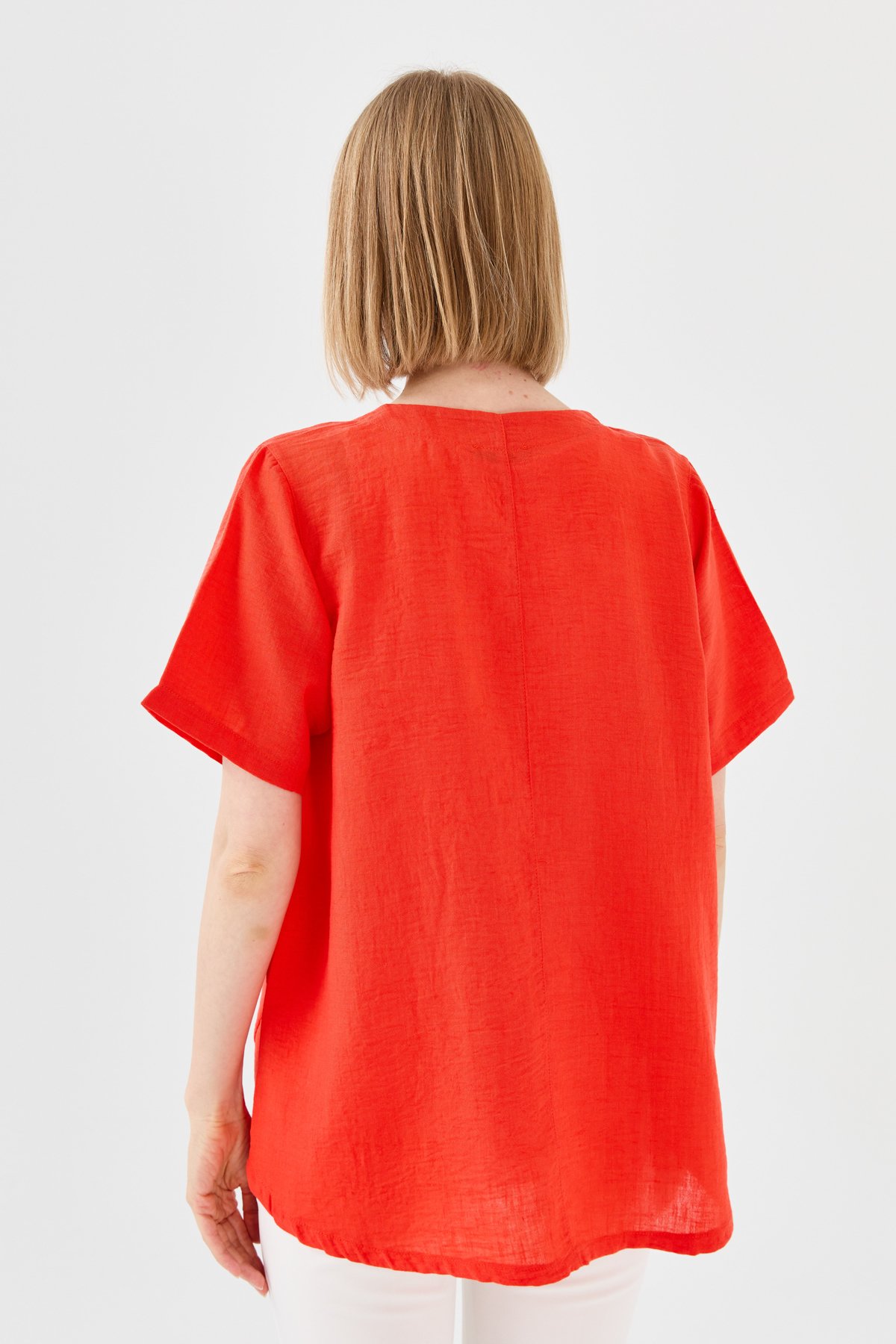 23775Kadın V Yaka Cebi File Keten T-shirt Oranj