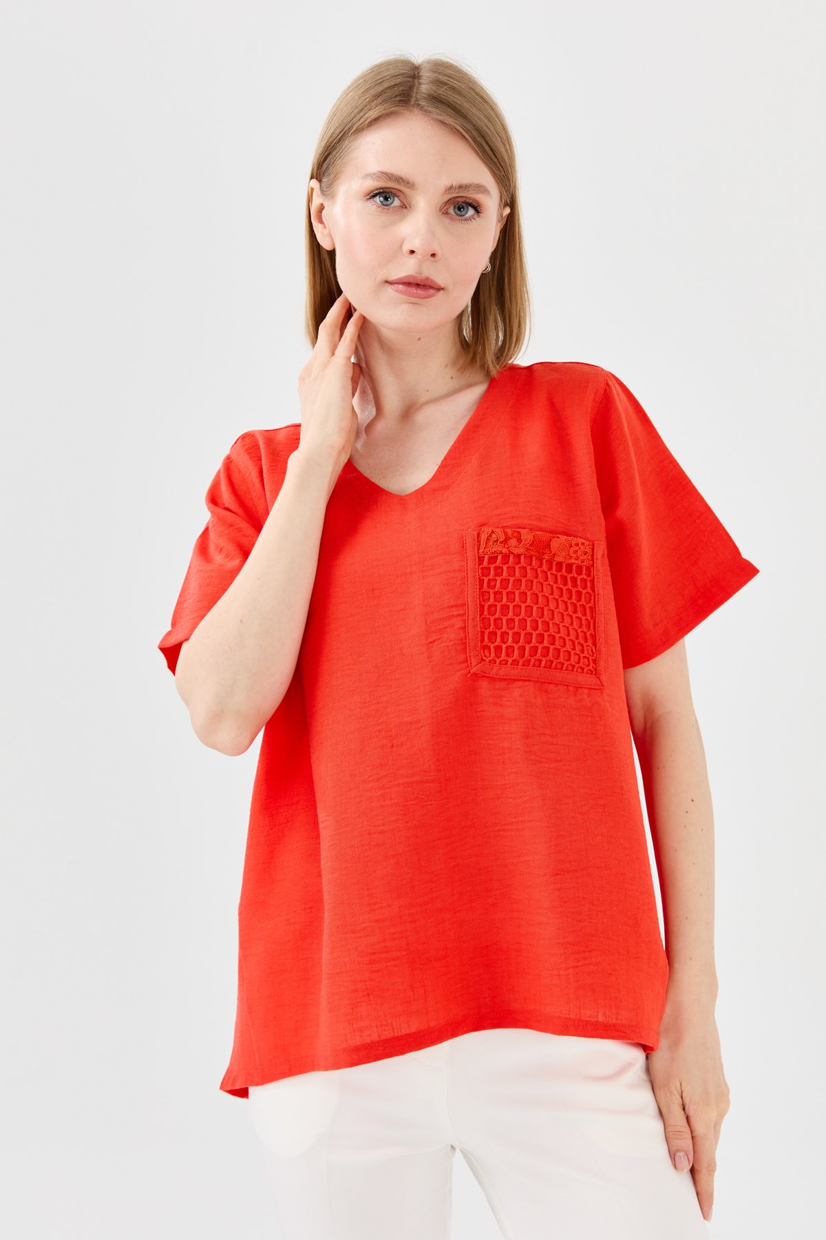 23775Kadın V Yaka Cebi File Keten T-shirt Oranj