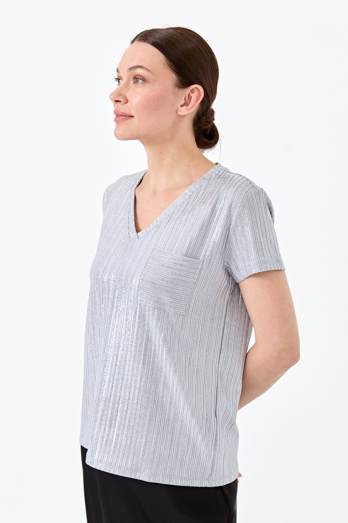 23462Kadın V Yaka Cepli Penye T-shirt Gri