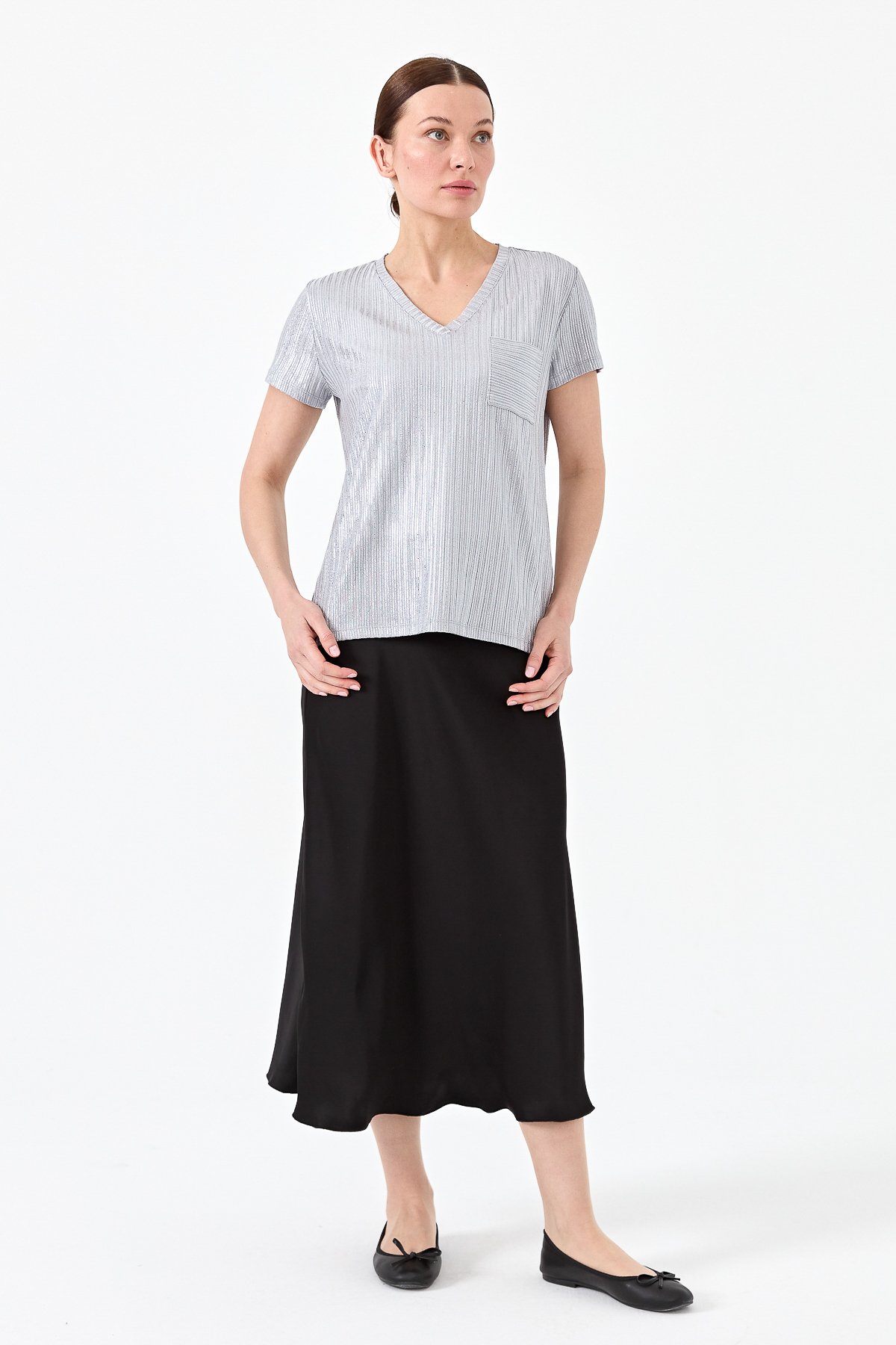 23462Kadın V Yaka Cepli Penye T-shirt Gri