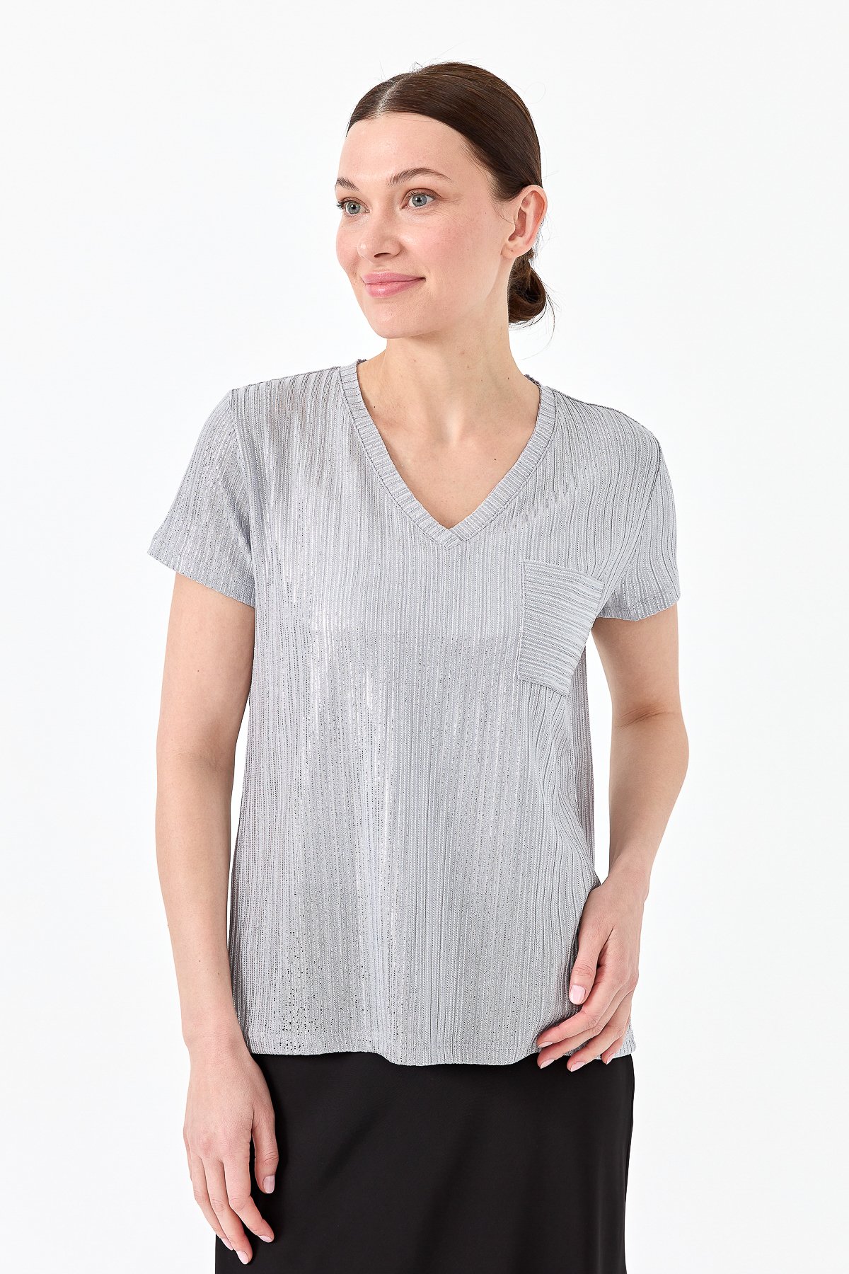 23462Kadın V Yaka Cepli Penye T-shirt Gri