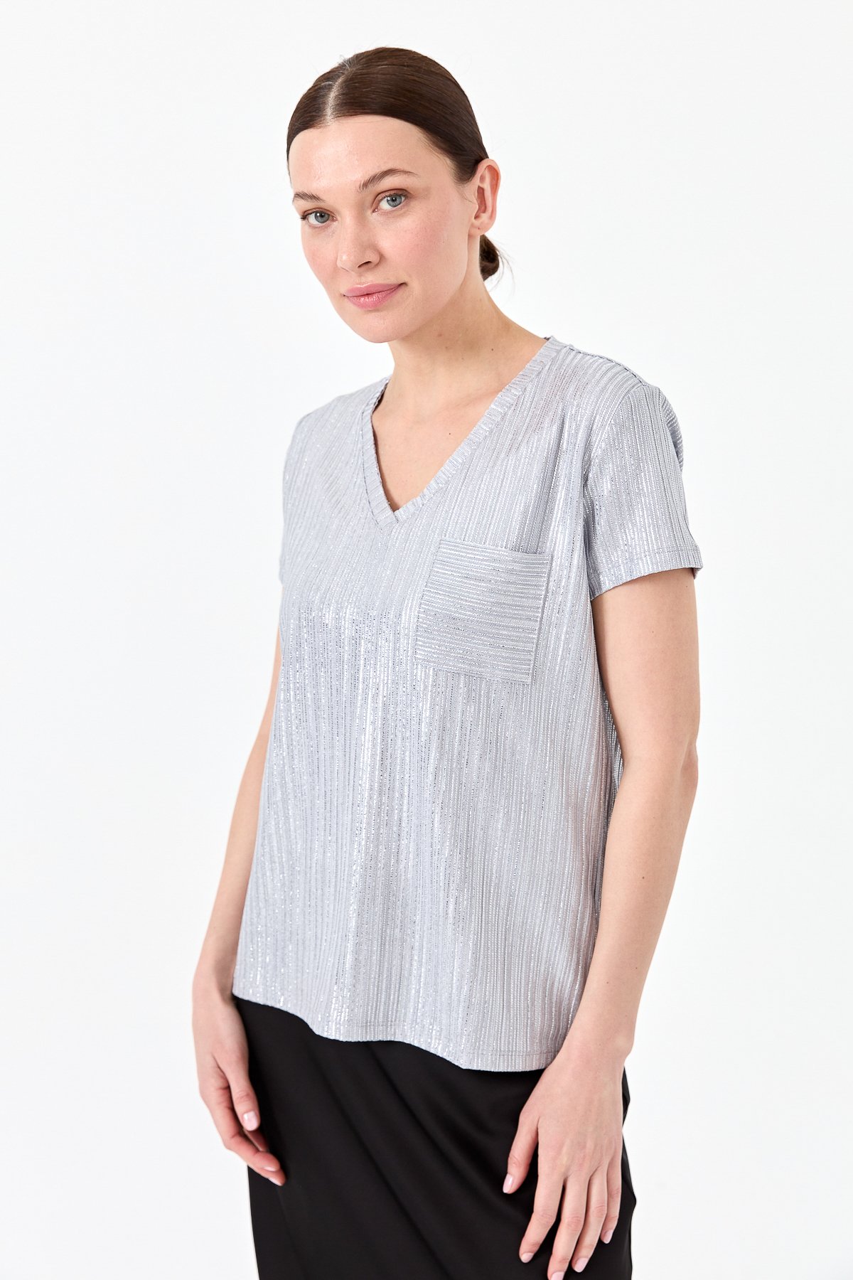 23462Kadın V Yaka Cepli Penye T-shirt Gri