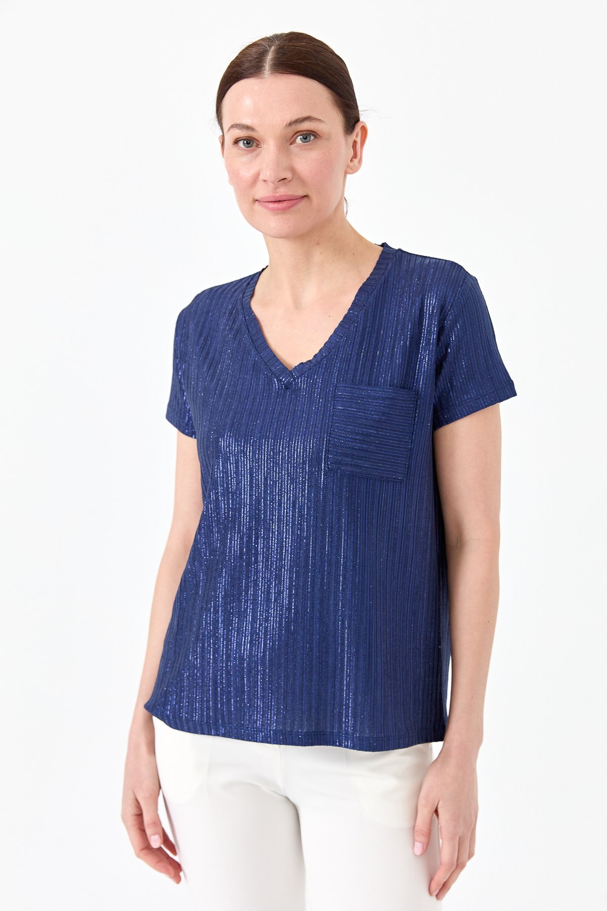 23462Kadın V Yaka Cepli Penye T-shirt Lacivert