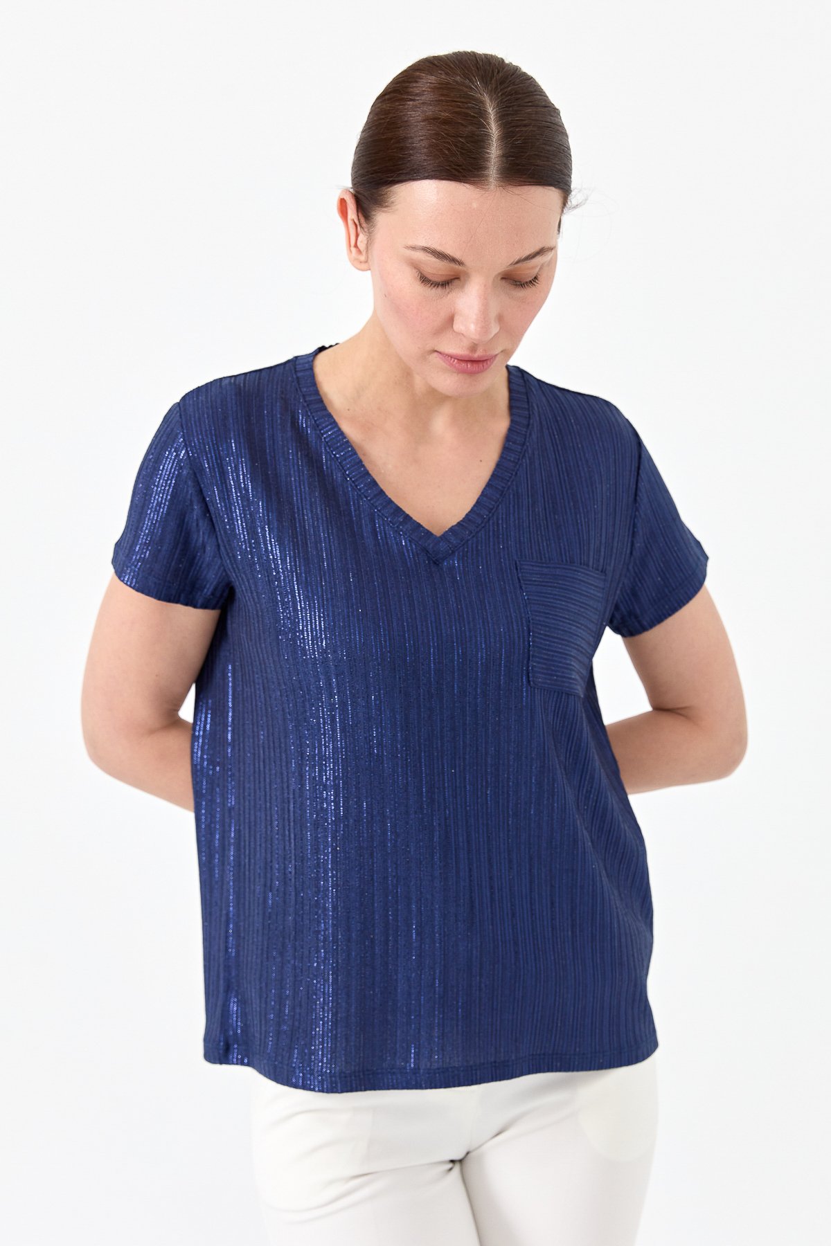 23462Kadın V Yaka Cepli Penye T-shirt Lacivert