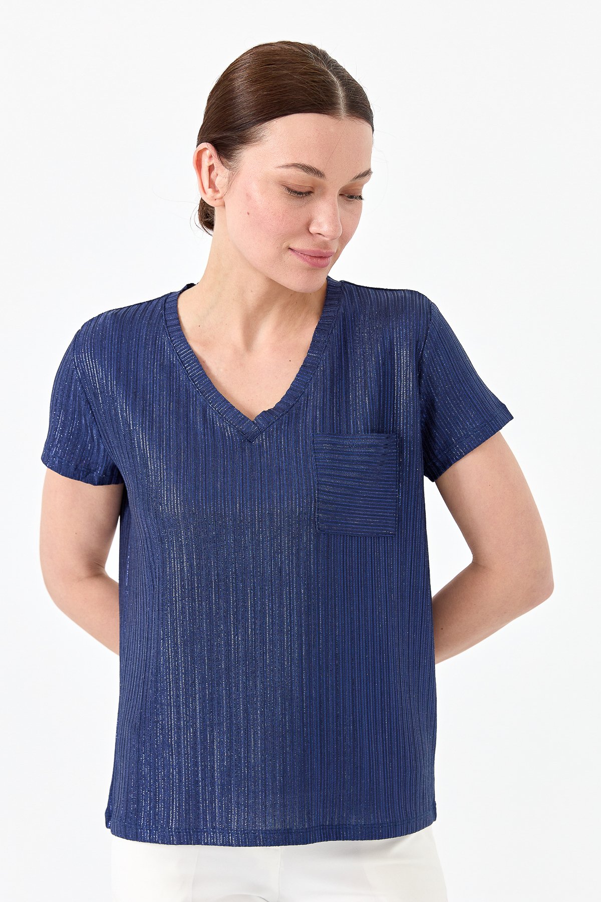 23462Kadın V Yaka Cepli Penye T-shirt Lacivert