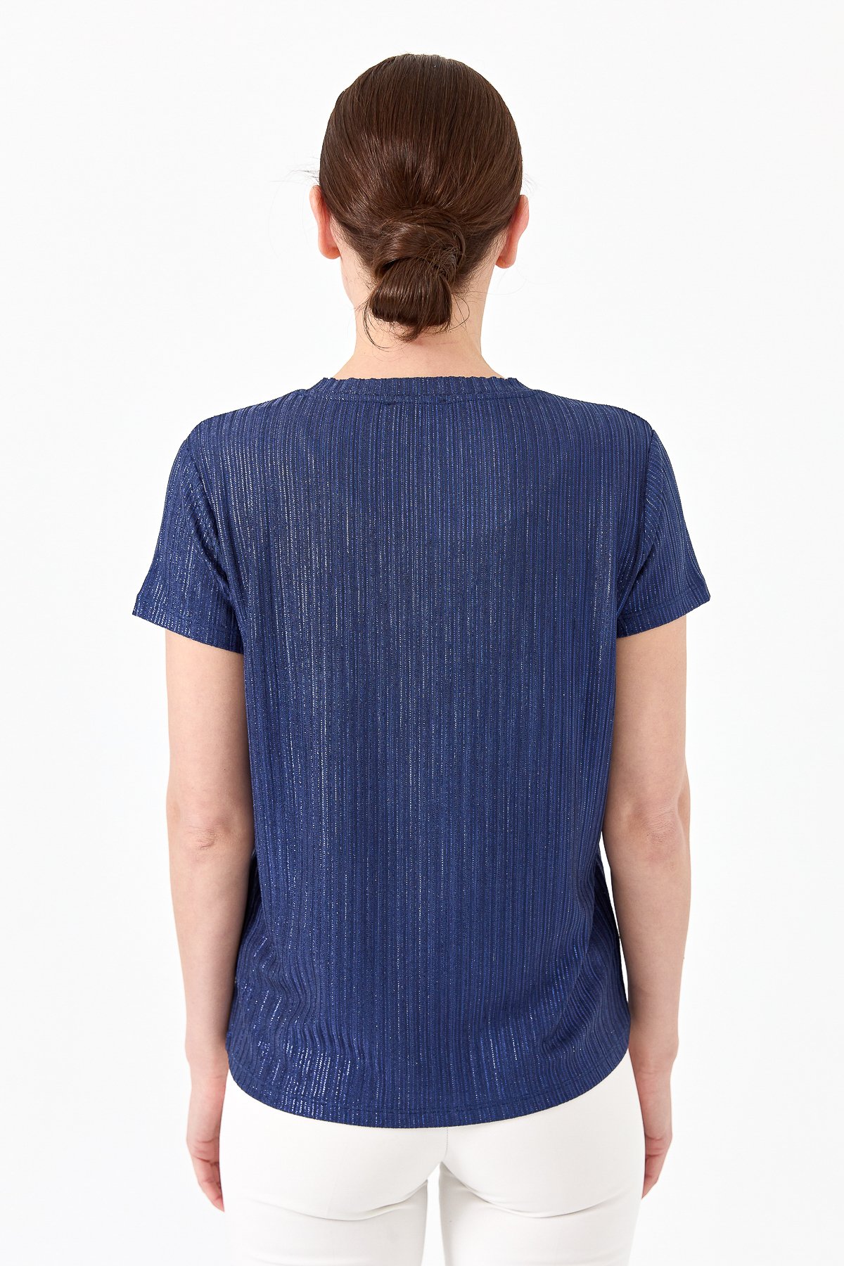 23462Kadın V Yaka Cepli Penye T-shirt Lacivert