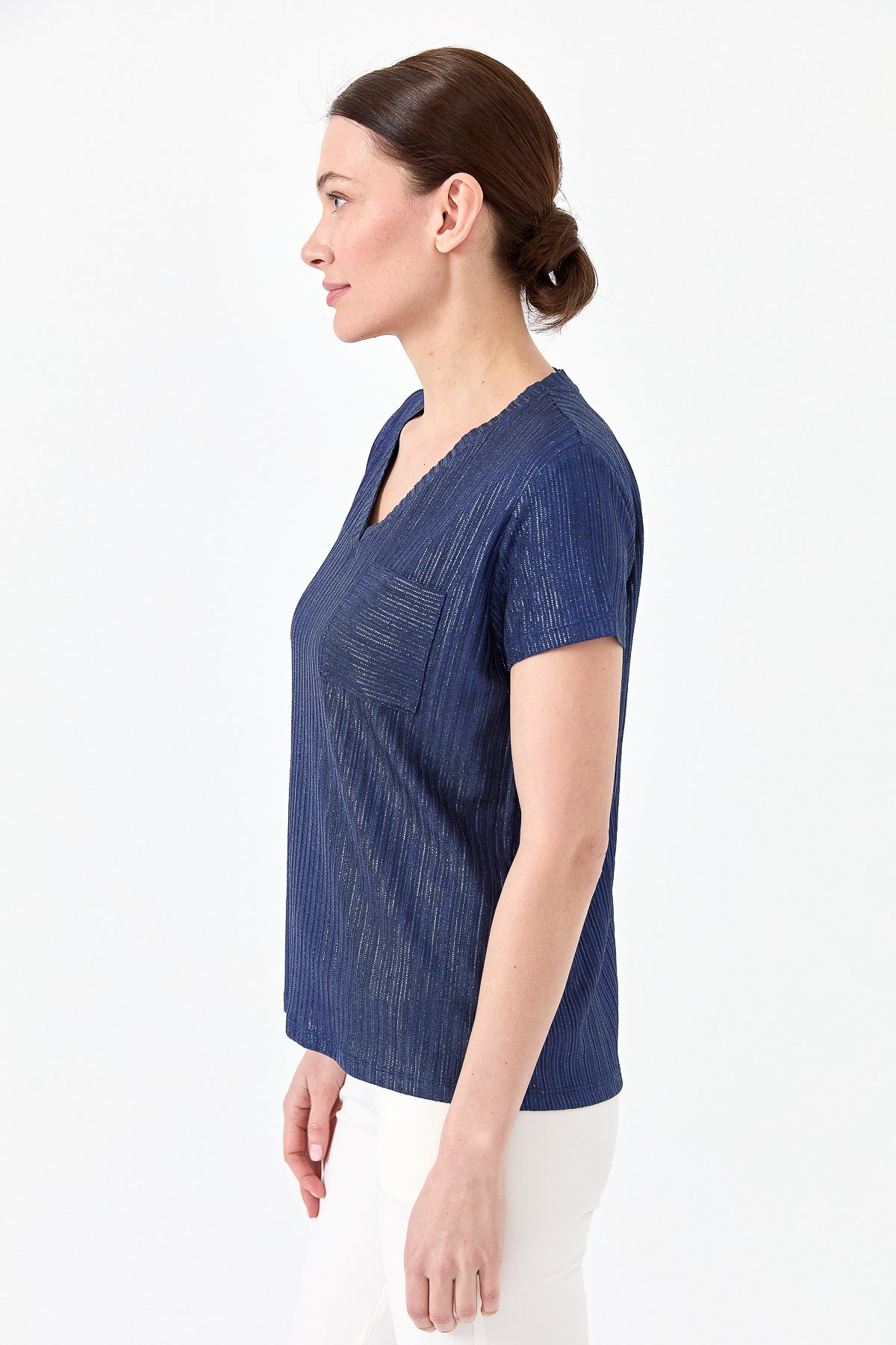 23462Kadın V Yaka Cepli Penye T-shirt Lacivert