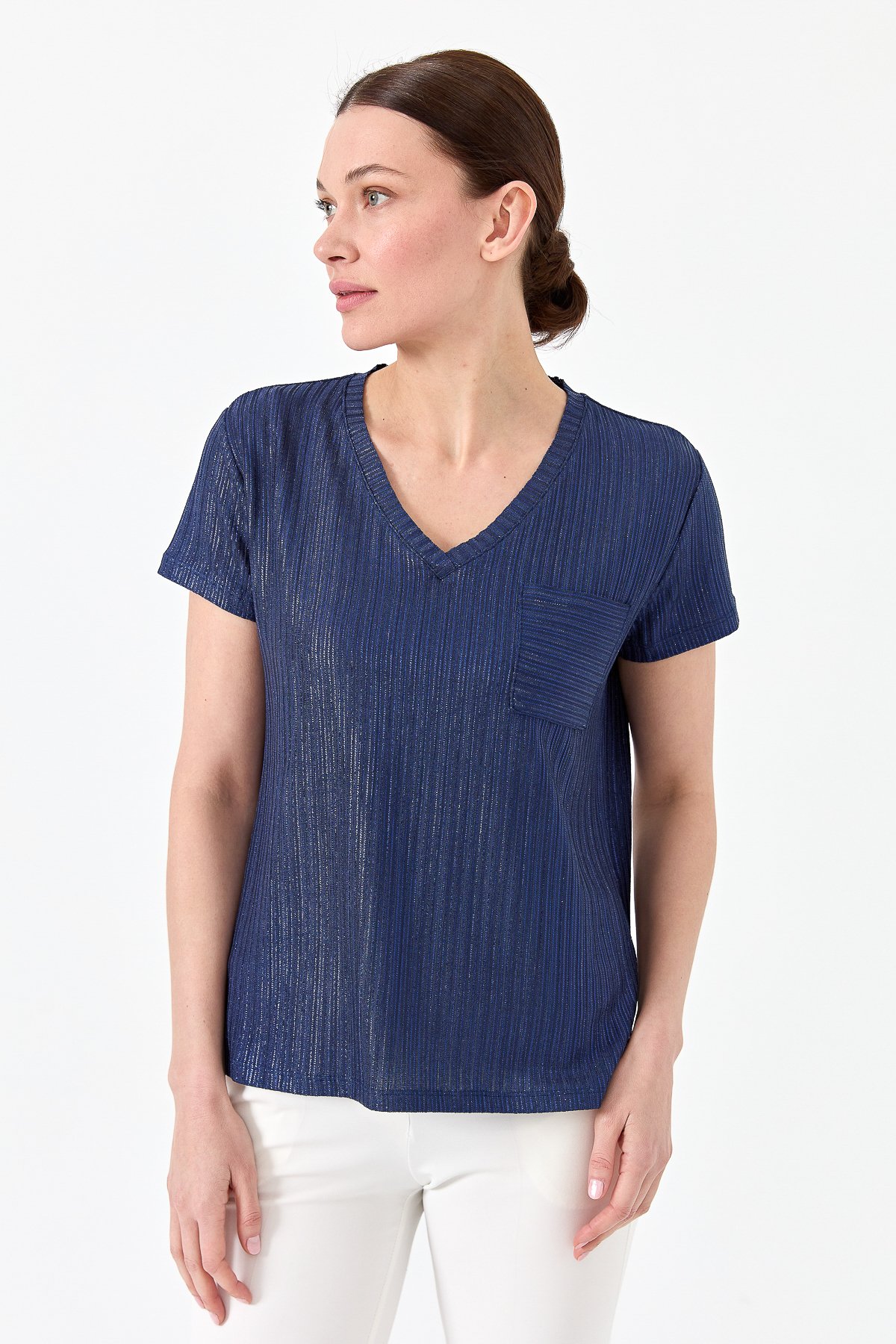 23462Kadın V Yaka Cepli Penye T-shirt Lacivert