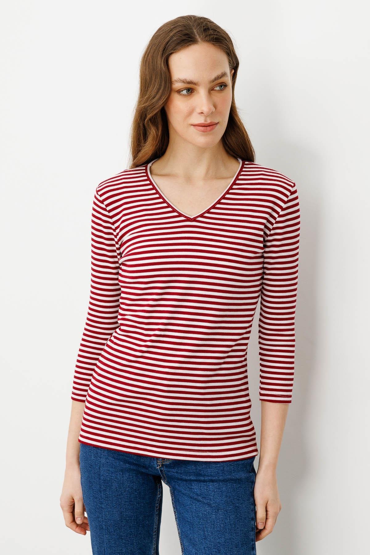 21879Kadın V Yaka Çizgili Triko Bluz Kırmızı