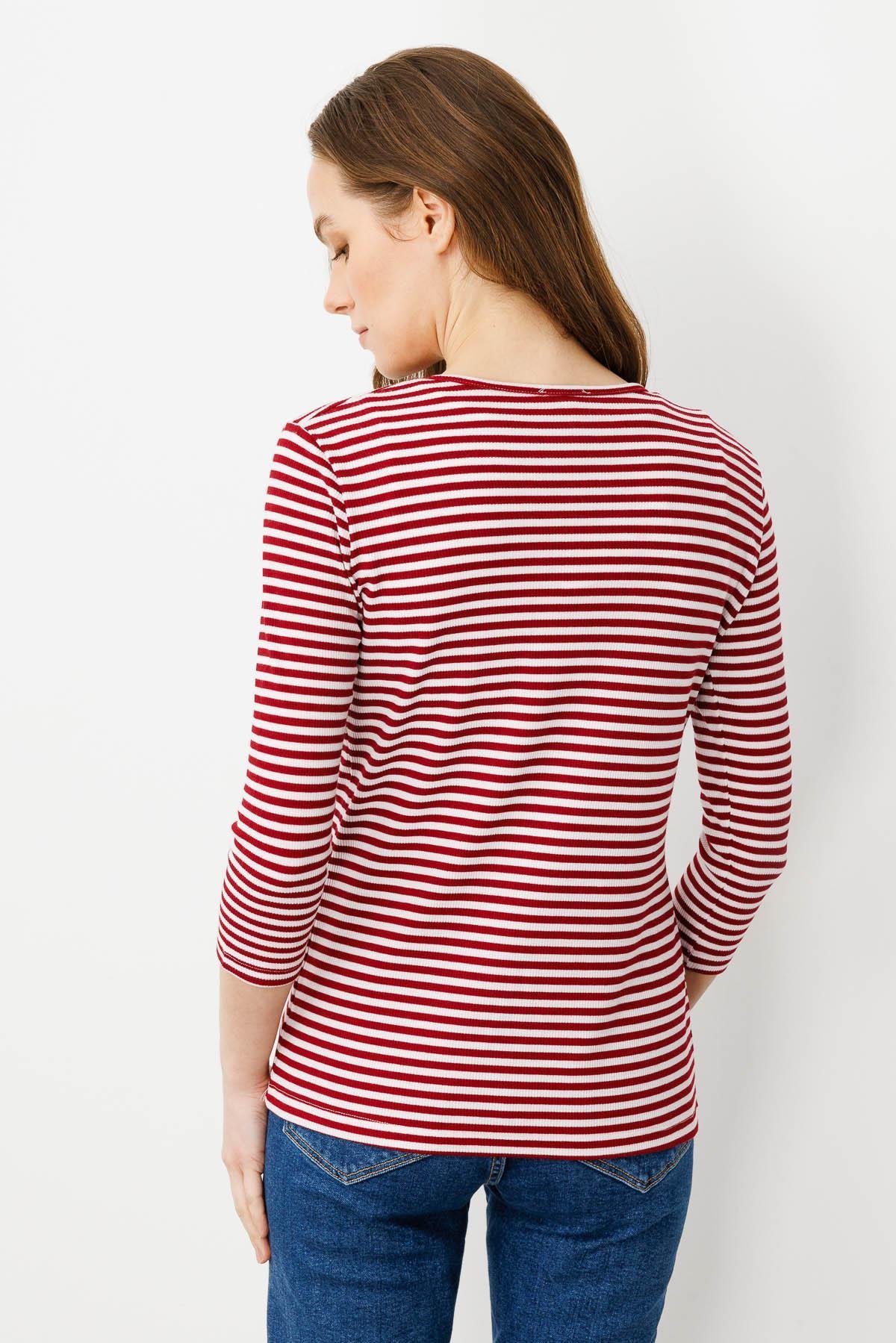 21879Kadın V Yaka Çizgili Triko Bluz Kırmızı