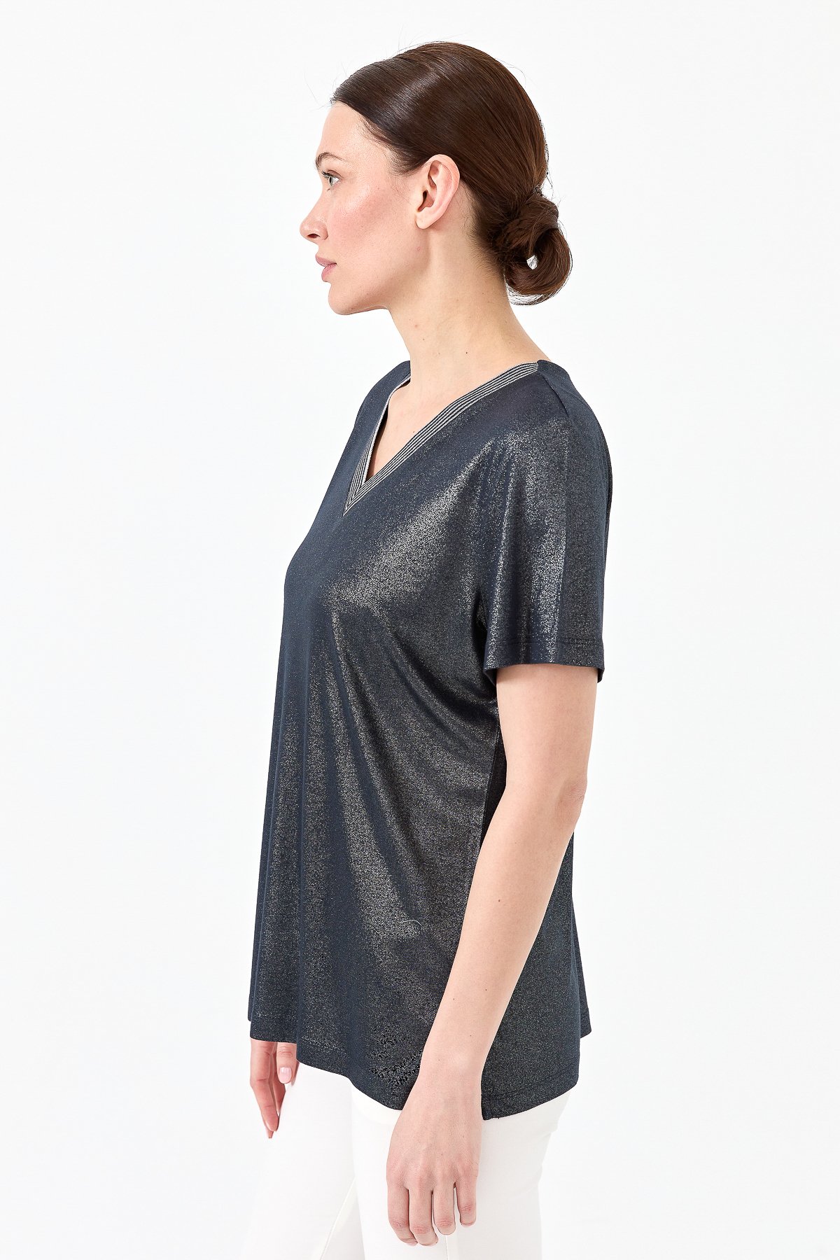 23453Kadın V Yaka Çizgili Penye T-shirt Lacivert