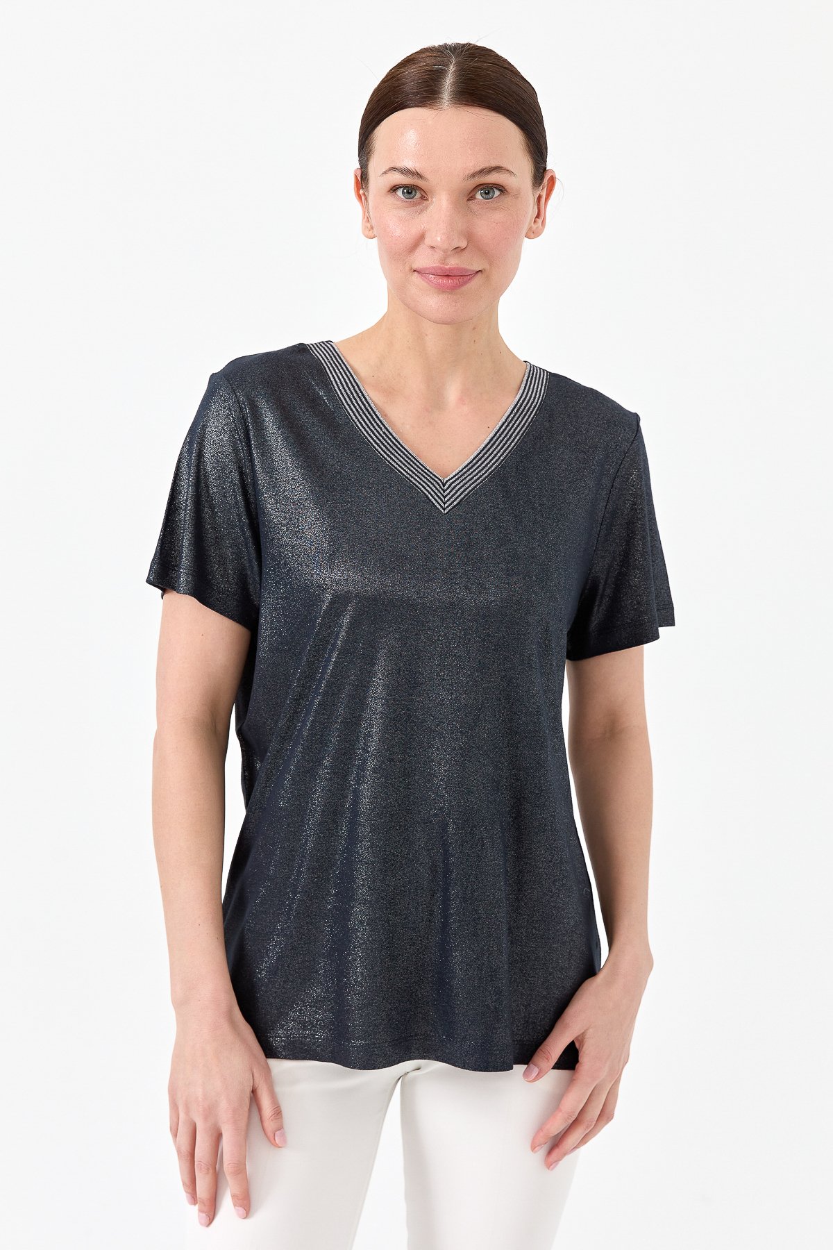 23453Kadın V Yaka Çizgili Penye T-shirt Lacivert