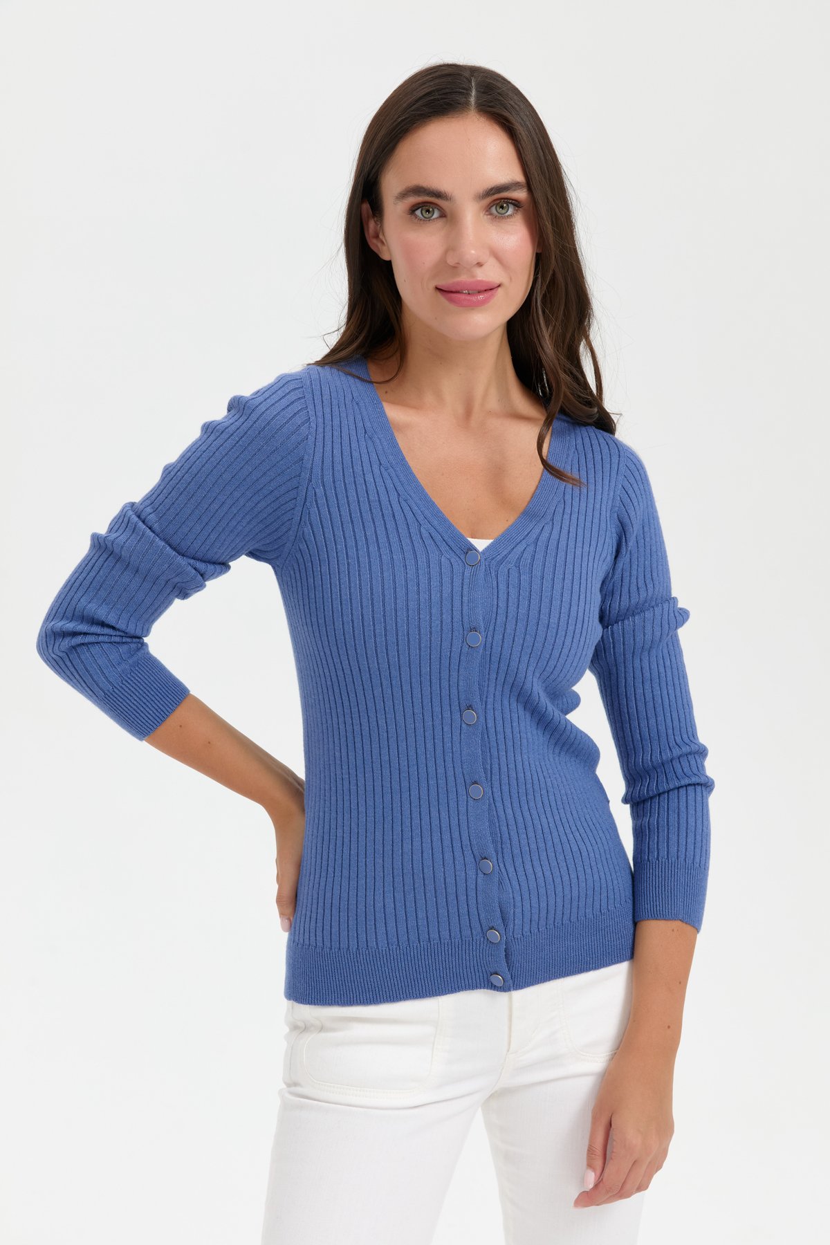 24181Kadın V Yaka Dikişsiz Hırka İndigo